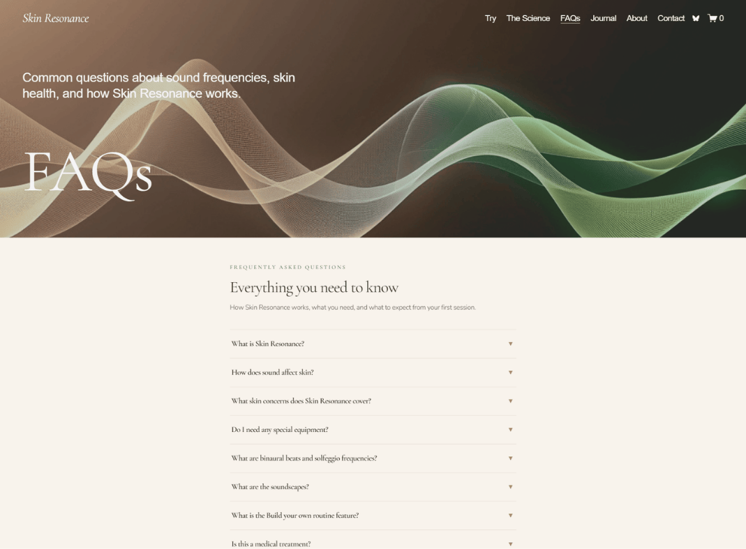 Skin Resonance website design for FAQs page