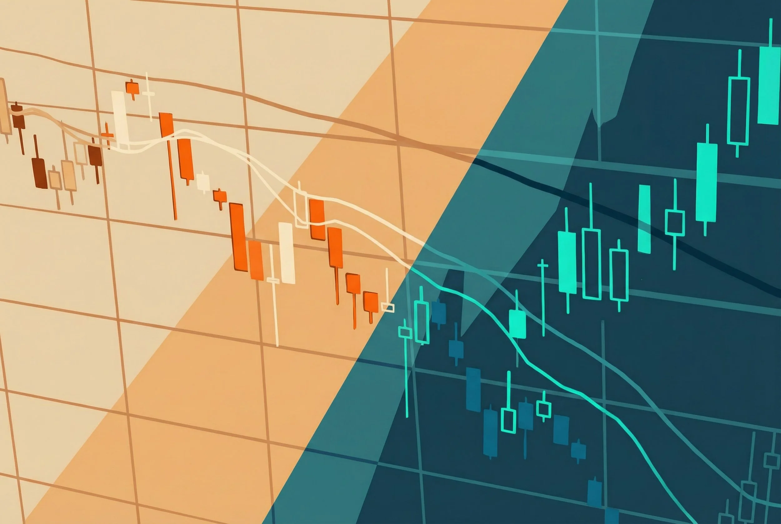 Financial data chart with candlestick patterns transitioning from warm orange tones to cold teal, visualising how data is processed and scored