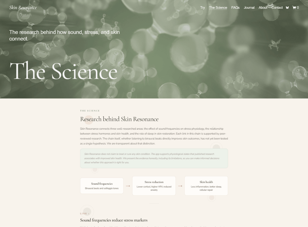 Skin Resonance beauty app website design for science page