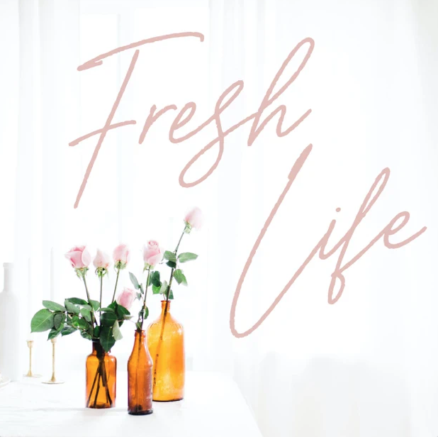 Podcast cover image with soft pink script reading “Fresh Life” over a bright white background and rose-filled amber vases, promoting the Fresh Life podcast episode featuring 101 Christianity.