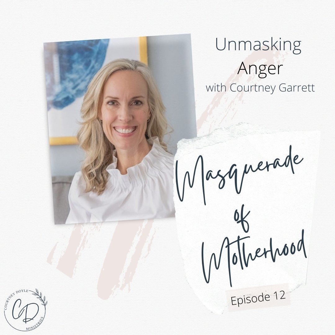 Podcast cover: graphic for “Masquerade of the Motherhood” episode titled “Unmasking Anger,” showing a headshot of Christianity 101 Founder Courtney Garrett over a soft white and pink background.