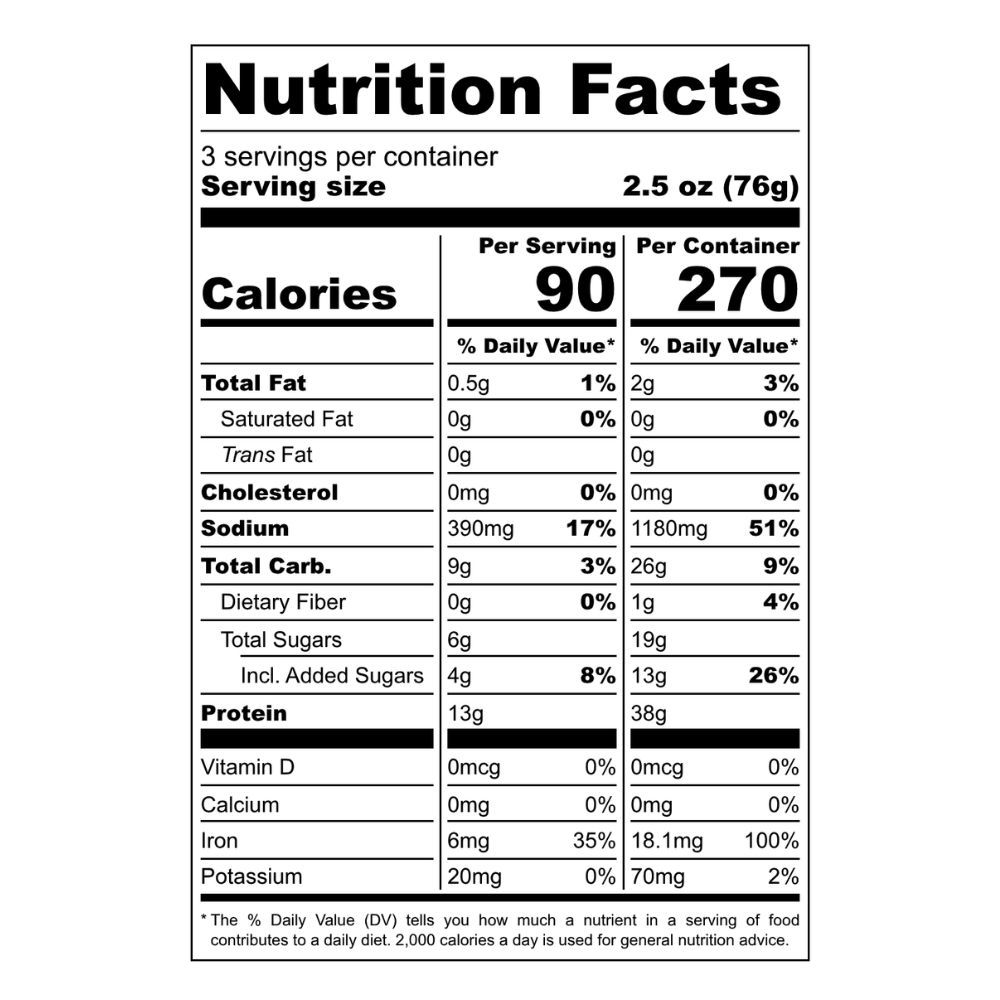 Nutrition facts for Texas BBQ Seitan Shreds (12 Pack)