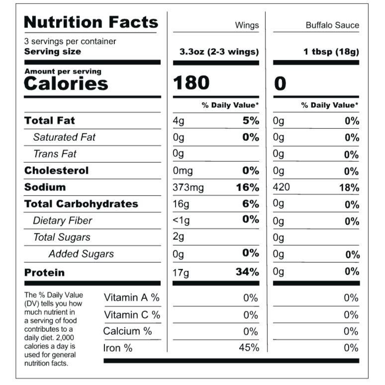 plant-based buffalo wings nutritional label
