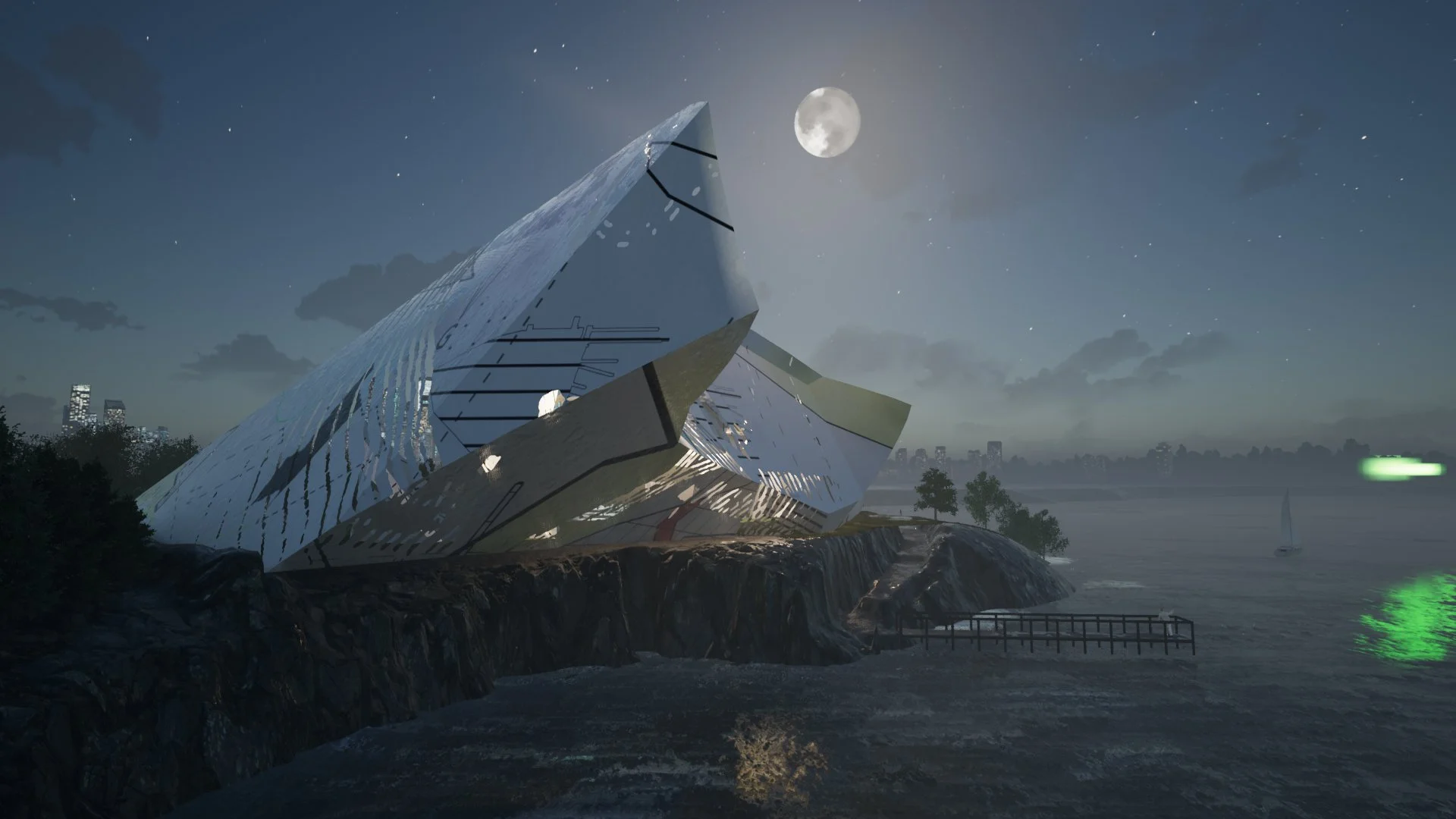 With New York in the background, Gatsby stands on his dock reaching out to the green light.