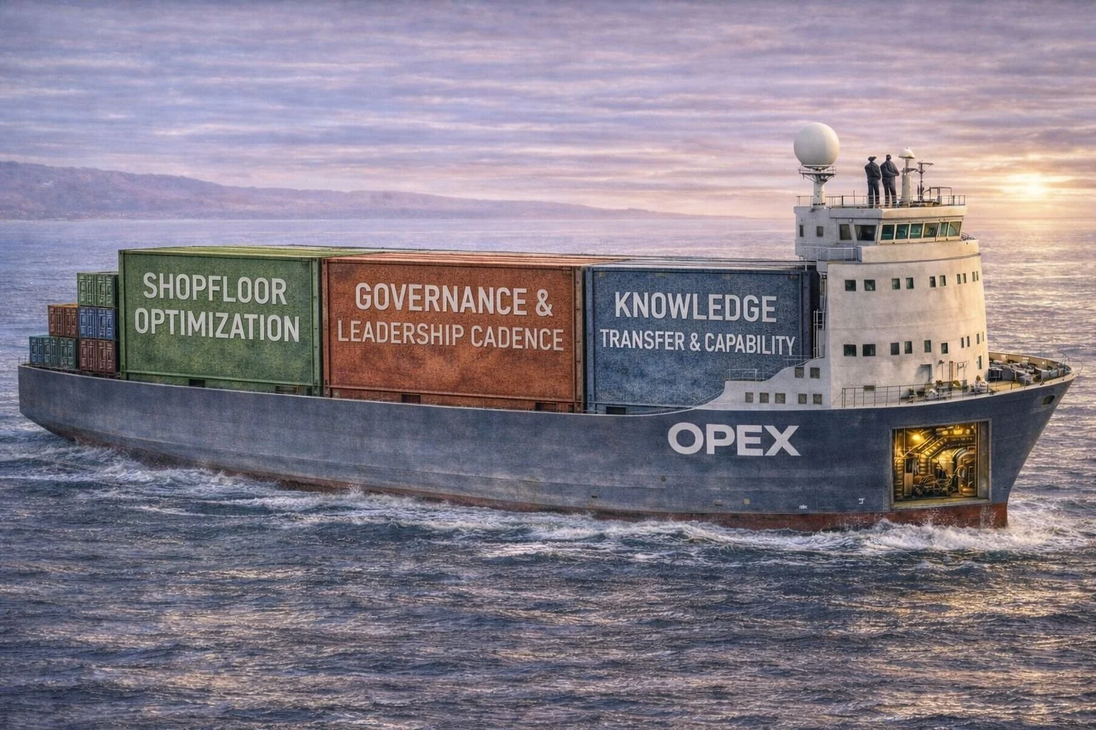 Operational Excellence framework illustrated as a cargo ship carrying three pillars: Shopfloor Optimization, Governance and Leadership Cadence, and Knowledge Transfer and Capability.
