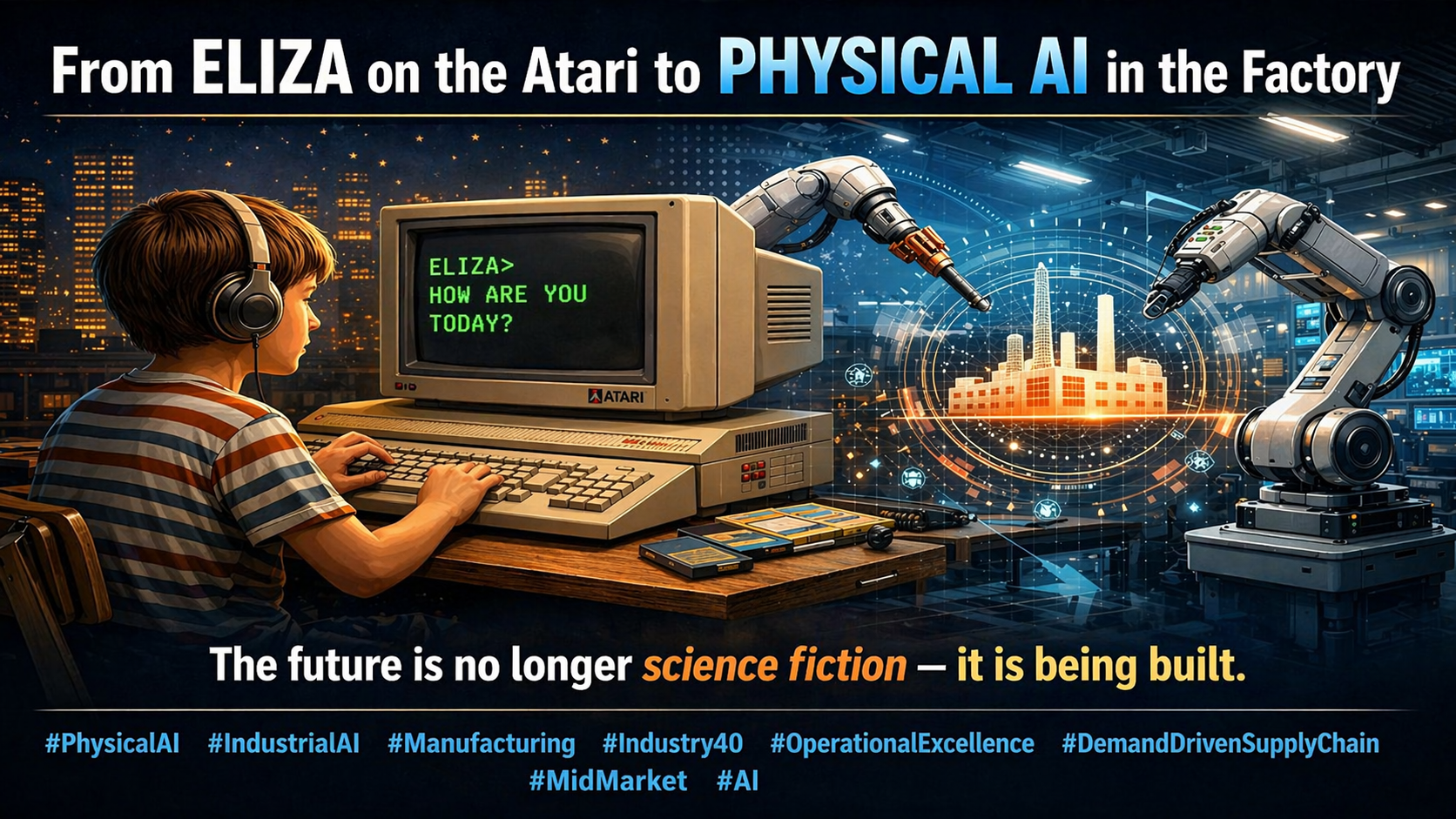 Visual representation of Physical AI in manufacturing, connecting early AI systems like ELIZA with modern industrial automation, real-time production planning, robotics, and intelligent factory operations.