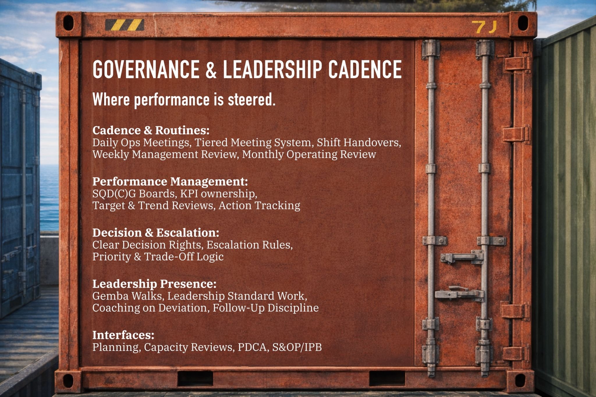 Governance and Leadership Cadence pillar of Operational Excellence highlighting daily operations meetings, KPI management, escalation routines, and leadership Gemba walks.