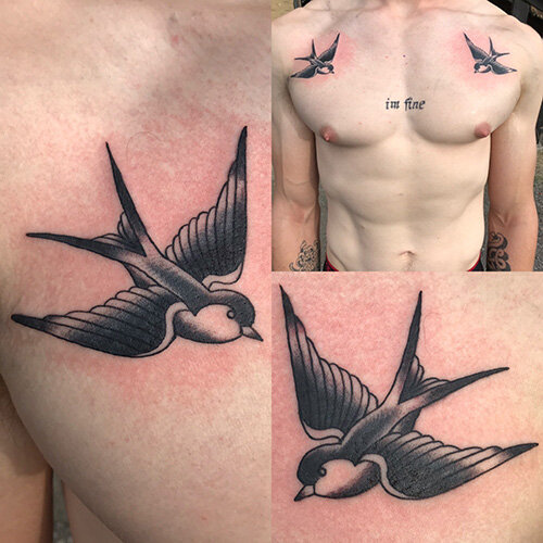 Sketch work sparrow tattoo on the shoulder