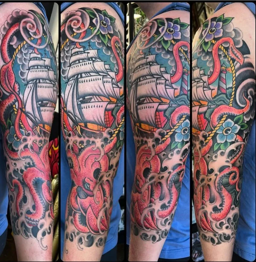 🚢 🐙 by @brandonbobst #krakentattoo #halfsleevetattoo #colortattoo #spokanewatattoo #spokanetattoos #spokanetattooshop