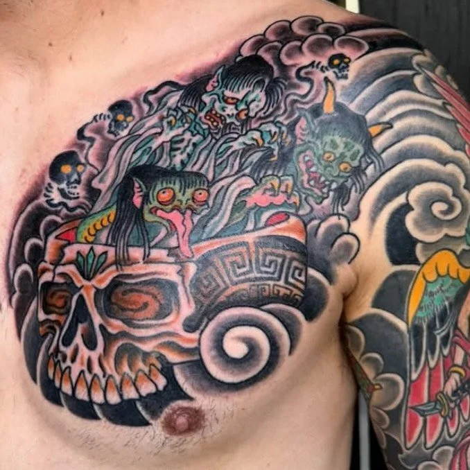 💀 ☁️ 👺 by @chrisspriggs #spokanewa #spokanetattoos #japanesetattoo #americantraditionaltattoo #ironandgoldtattoo