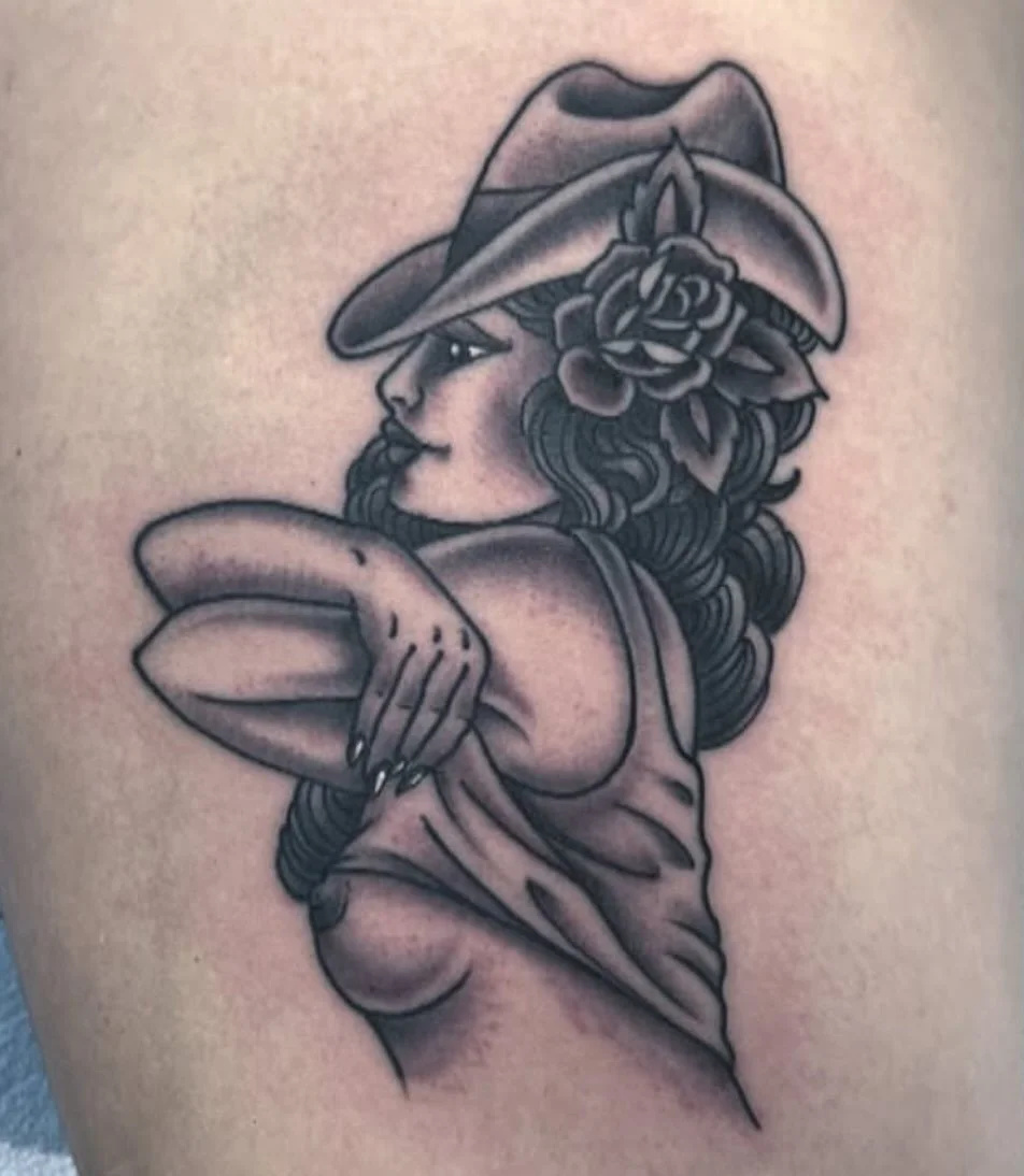 🐄 👧🏻 by @brandonbobst #spokanetattooartist #blackandgreytattoo #cowgirltattoo #spokanewa #ironandgoldtattoo #spokanetattoos