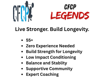 CFCP Legends logo with text emphasizing strength, longevity, and community support for fitness.