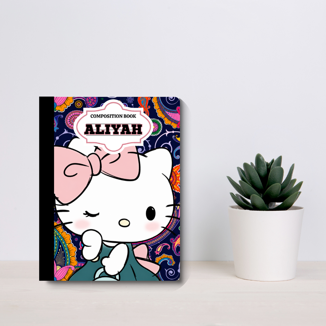Personalized Cute Kawaii Composition Notebook | Custom Name School Journal | Floral Character Notebook for Girls