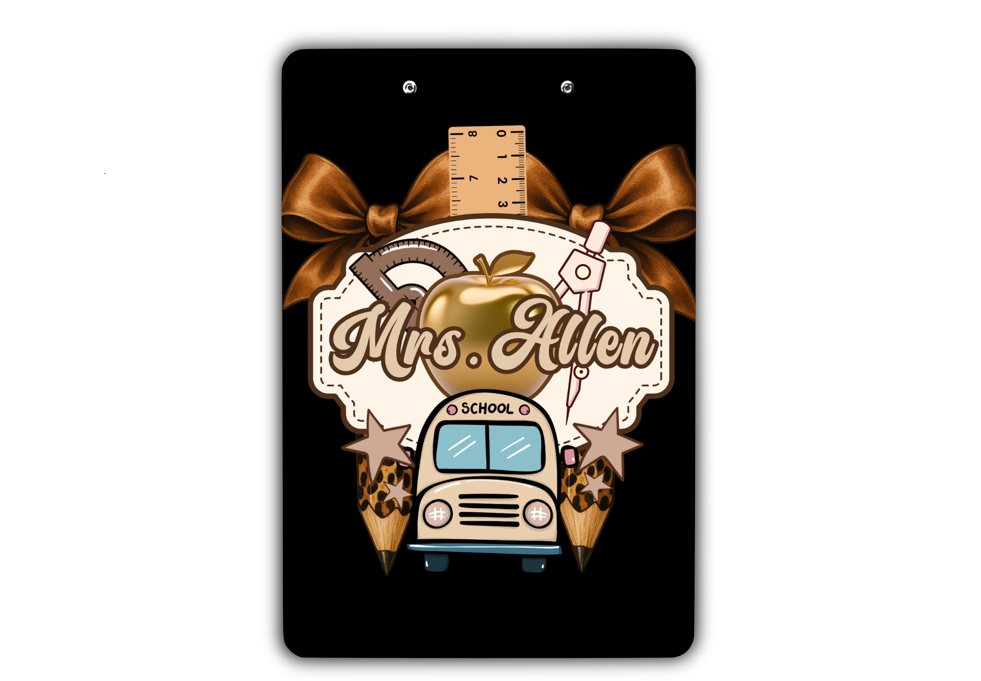A decorated school-themed design with a brown bow, a ruler, a protractor, a paperclip, a gold apple, a bus with the word 'SCHOOL,' and the name 'Mrs. Allen' written across a white banner.