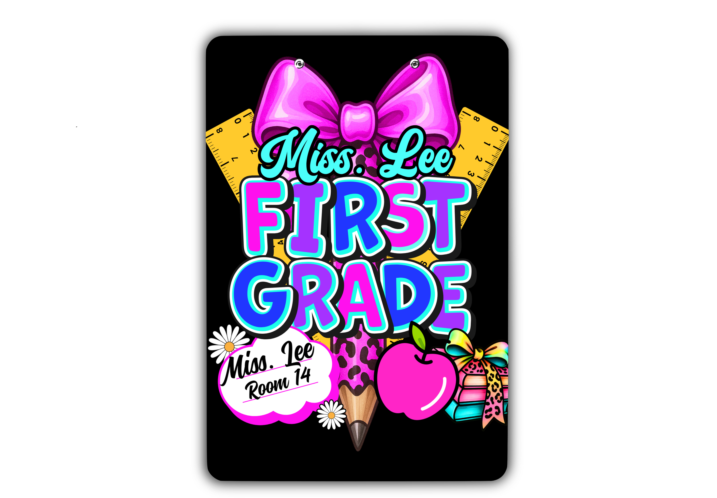 A colorful school-themed badge with a pink bow, rulers, an apple, a notebook, a pencil, and daisies, celebrating Miss Lee's first day of first grade, with room 14 written on a speech bubble.