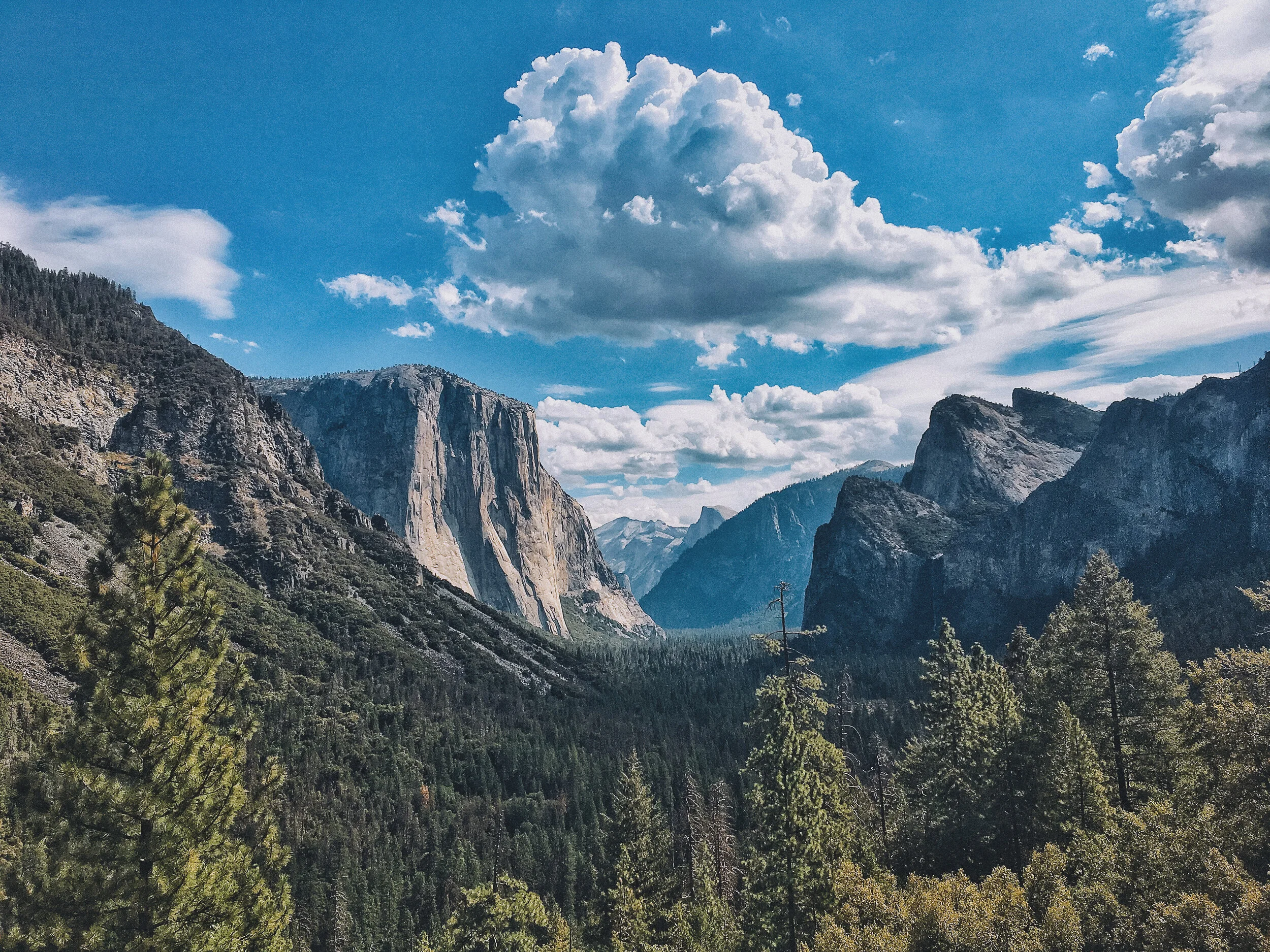 Scenic view of a valley with tall granite cliffs on both sides, covered in forests, under a partly cloudy blue sky.