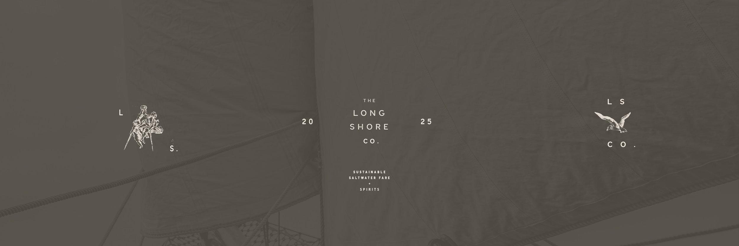 Logo for The Long Shore Co., a sustainable saltwater fare spirits company, featuring an illustration of two animals, with text indicating year 2025.