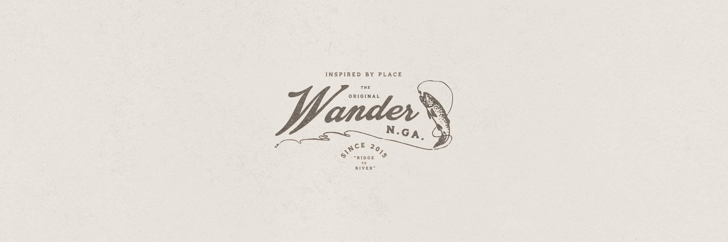 Logo for Wander N.GA with a fish illustration and text about the business since 2015, inspired by place, from bridge to river.