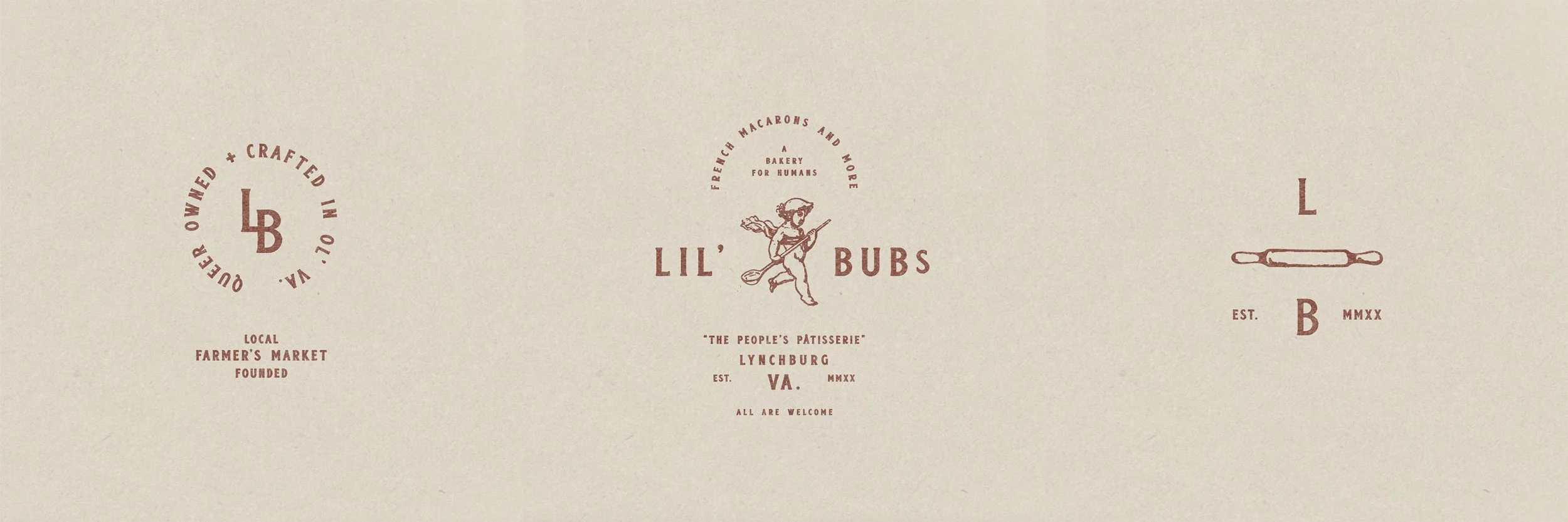 Brand logo for 'Lil' Bubs,' a bakery in Lynchburg, Virginia. The logo features a cartoon baby holding a spoon, with the text 'The people's patisserie,' 'Established VA. 2020,' and 'All are welcome.'