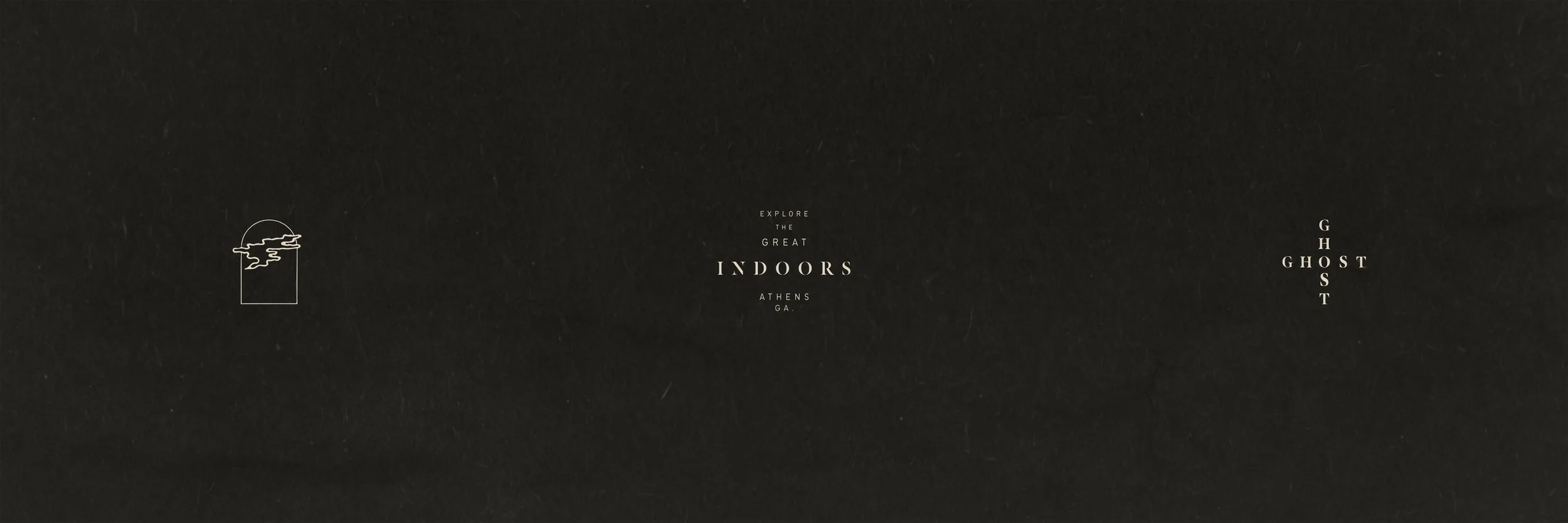 Dark background with white minimalist text reading, 'Explore the great indoors, Athens GA' in the center, and the words 'Ghost' arranged vertically on the right side with 'GH' on top, 'GHOST' below, and 'ST' at the bottom. A small minimalist illustra