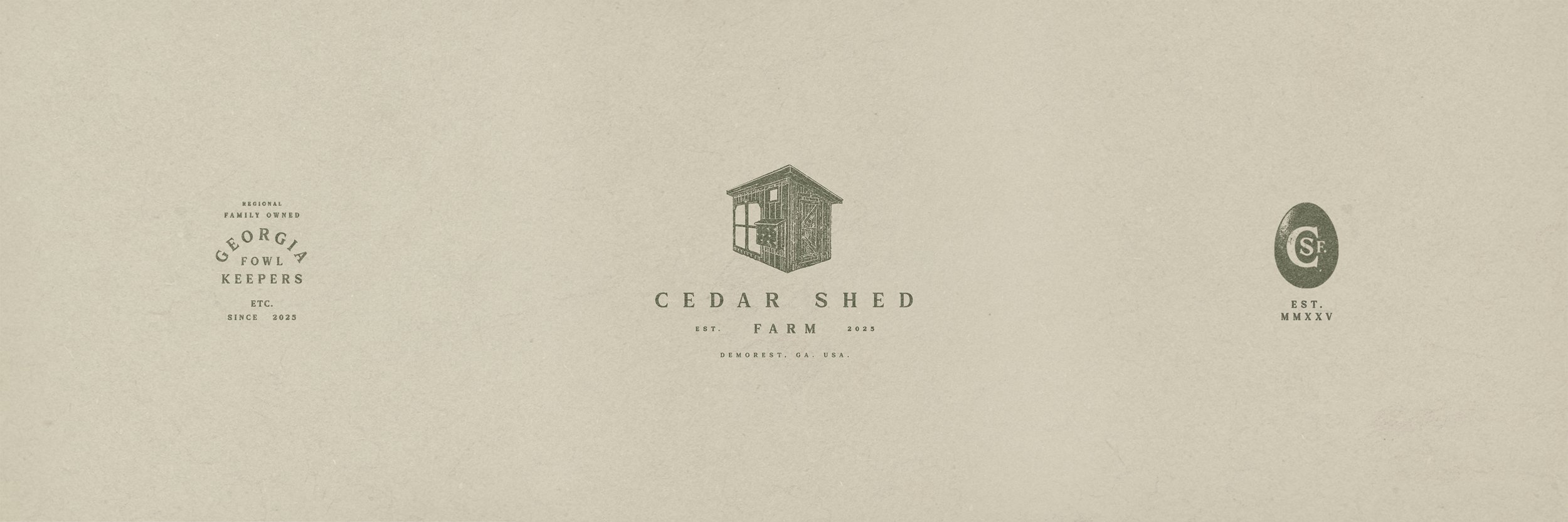 Logo for Cedar Shed, a farm established in 2025 in Demorest, Georgia, with a sketch of a shed, and additional logos and text indicating family-owned farm since 2023