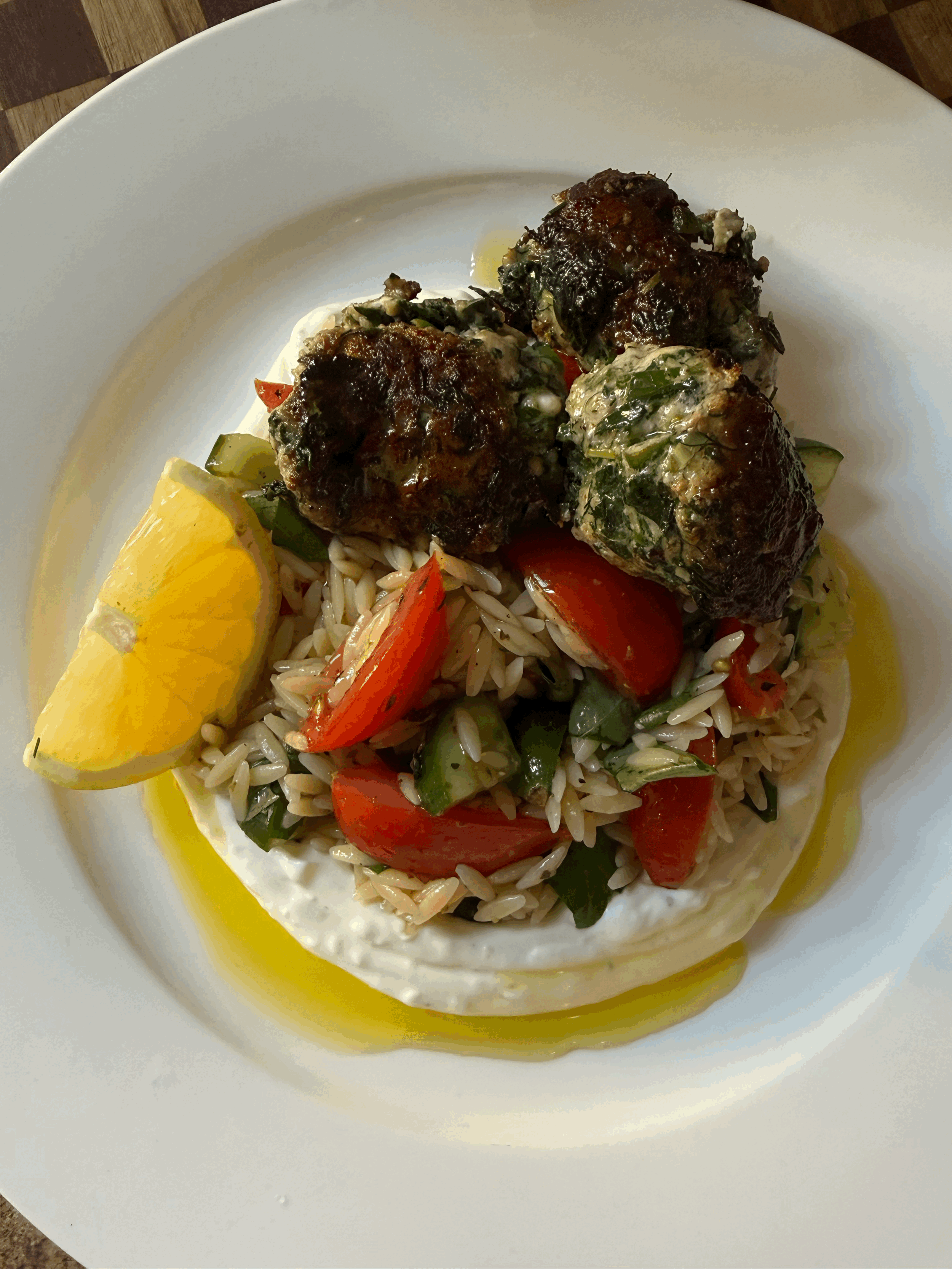 Spinach, dill and feta meat balls with summer orzo salad and garlic yogurt
