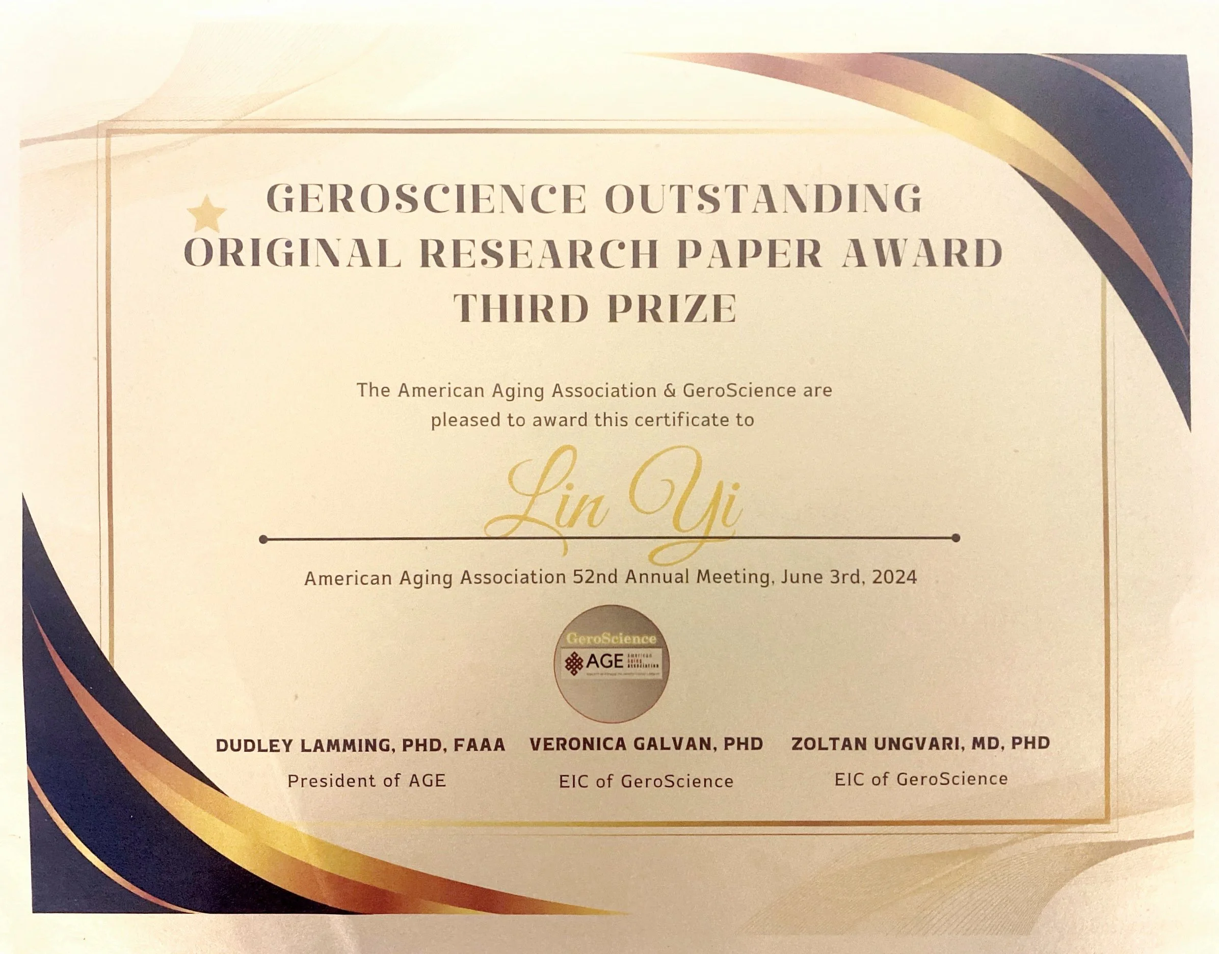 American Aging Association 2024 Outstanding Paper Award.JPG