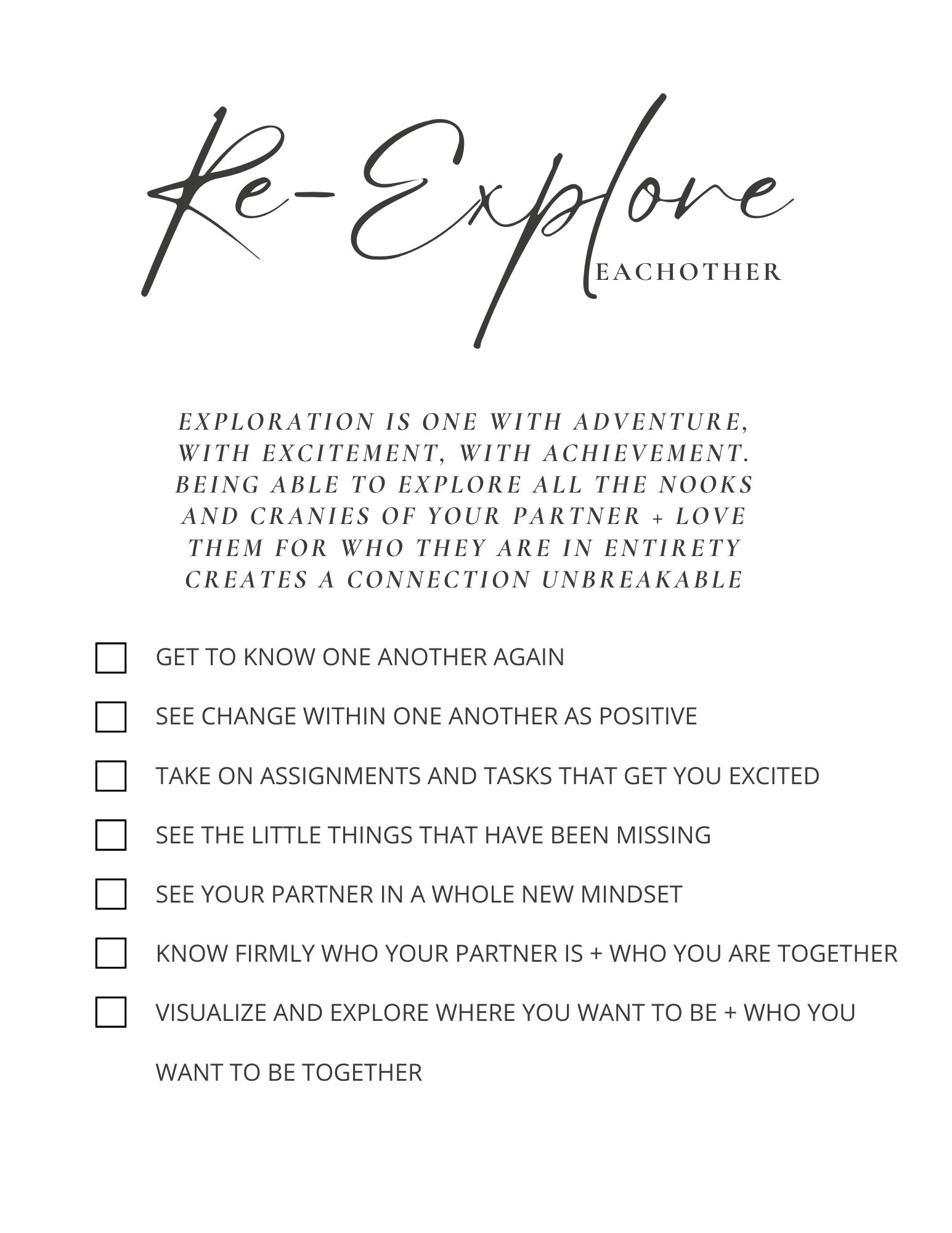 "Re-Explore Each Other" checklist with relationship goals and tasks, including getting to know each other, seeing positive changes, engaging in exciting tasks, noticing small details, shifting perspectives, understanding relationship dynamics, and visualizing future together.