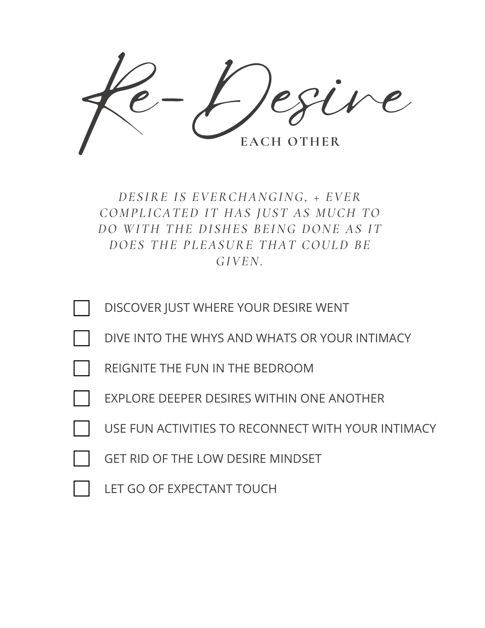 List about rediscovering desire in a relationship, includes activities like exploring desires and reigniting fun in the bedroom.