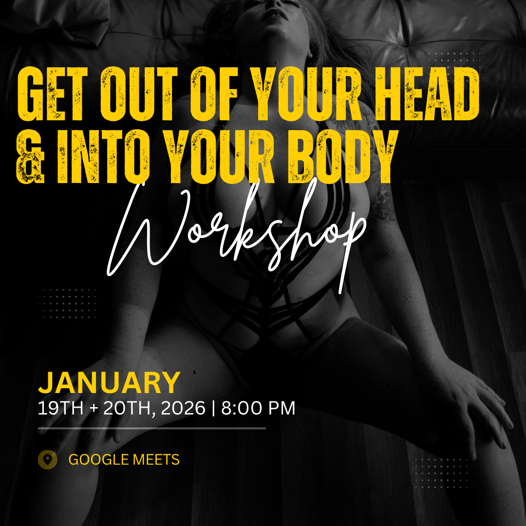 Promotional poster for a workshop titled 'Get Out of Your Head & Into Your Body Workshop' scheduled for January 19th and 20th, 2026 at 8:00 PM, hosted on Google Meets. The background shows a person with tattoos in a seated pose, in a black and white filter, with bold yellow and white text overlay.