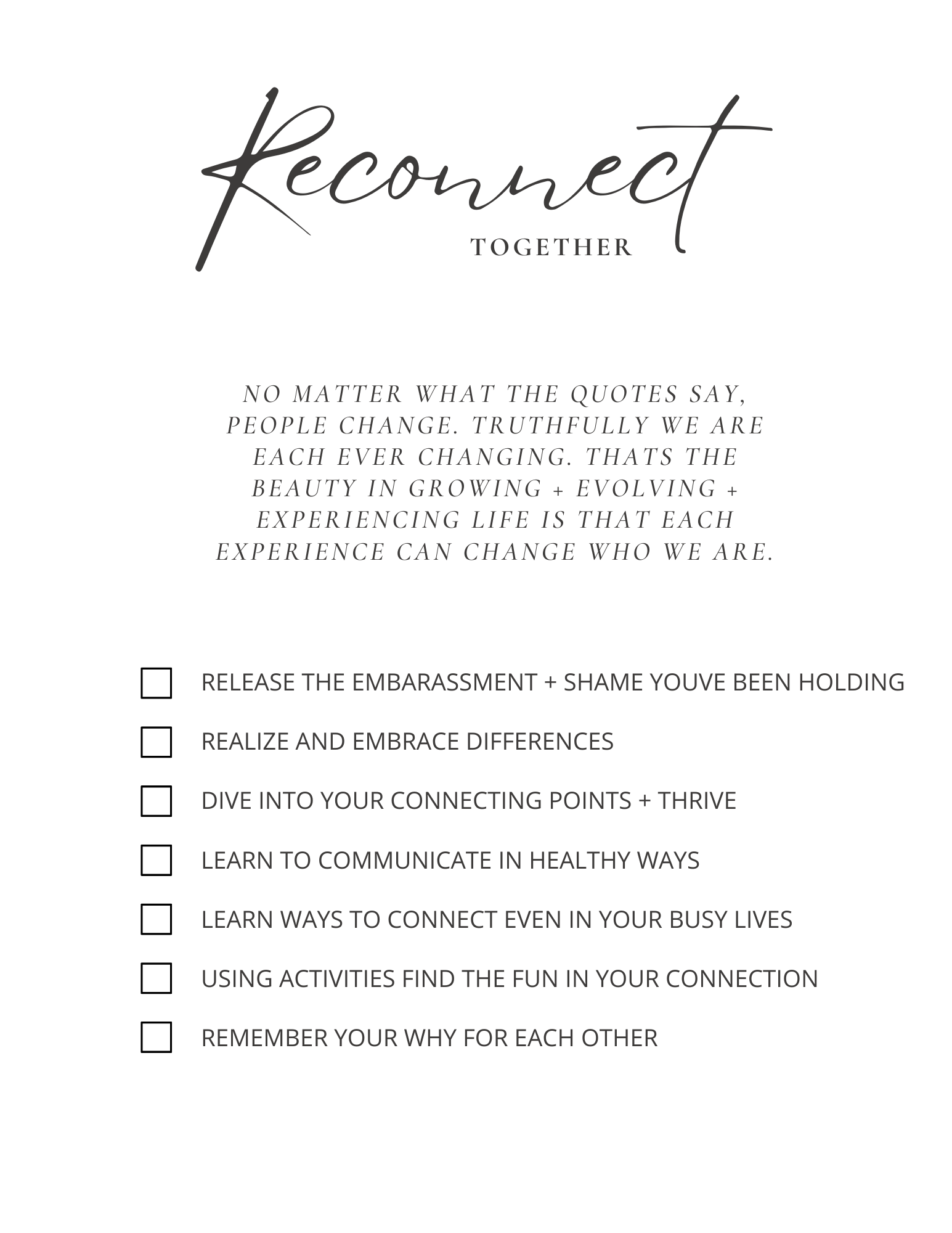 "Reconnect Together" checklist and motivational text encouraging personal growth and stronger connection between individuals.