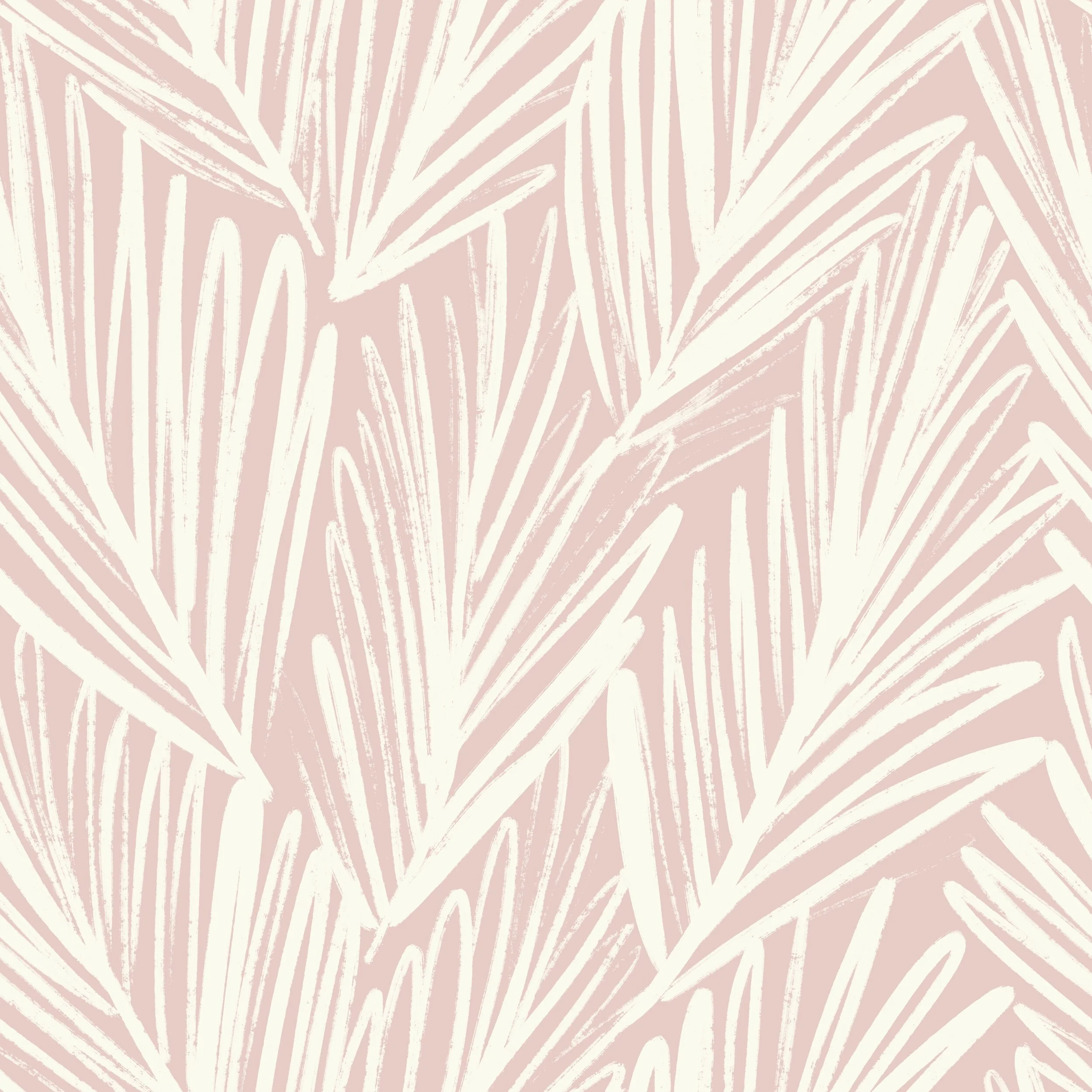 Light pink background with white palm leaf patterns.