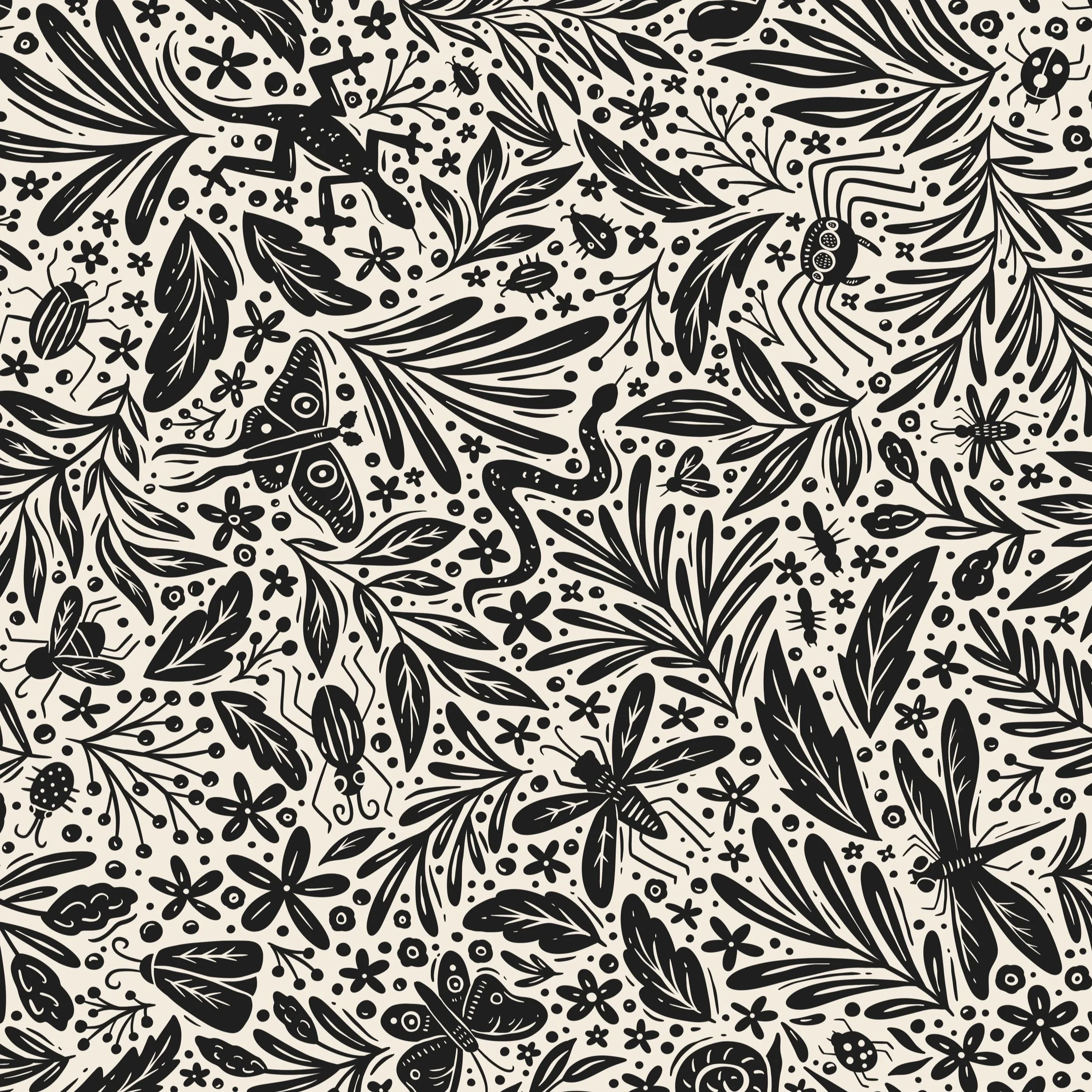 Black and white illustration of various insects, leaves, and flowers in a dense, intricate pattern.