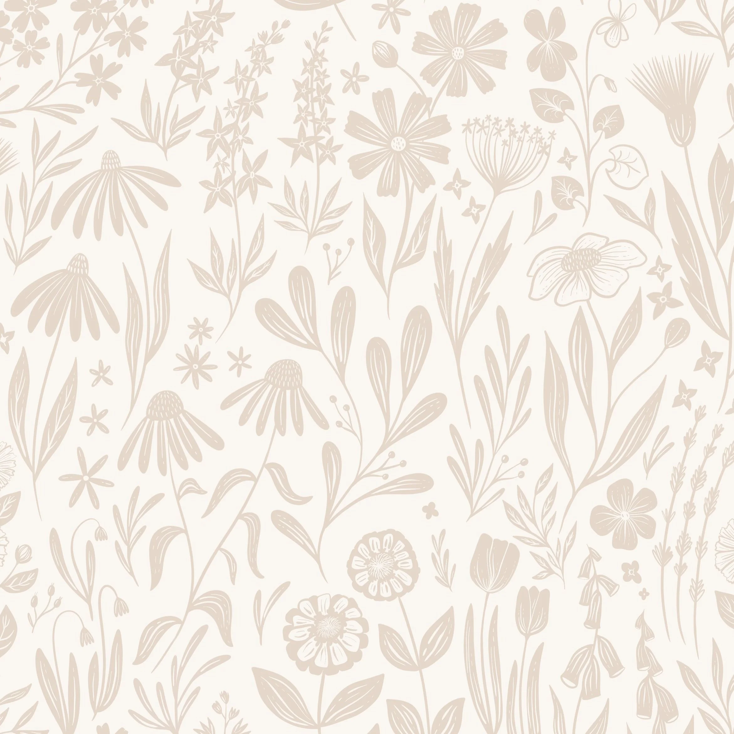 A pattern of various beige and light brown floral illustrations on a cream background.