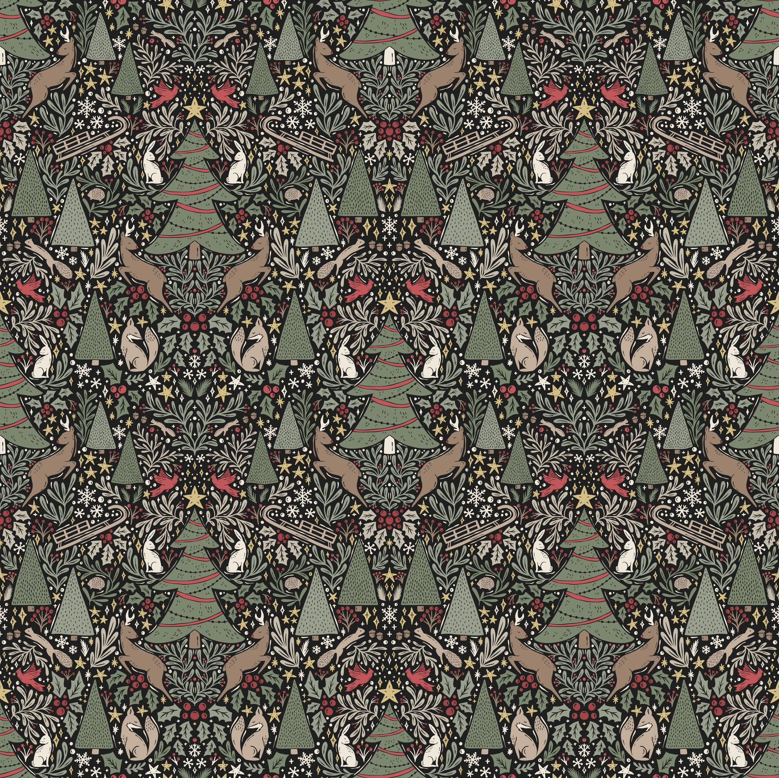 A festive Christmas pattern featuring decorated evergreen trees, reindeer, angels, birds, Santa sleds, snowflakes, stars, holly, and other holiday motifs in a repeating symmetrical design.