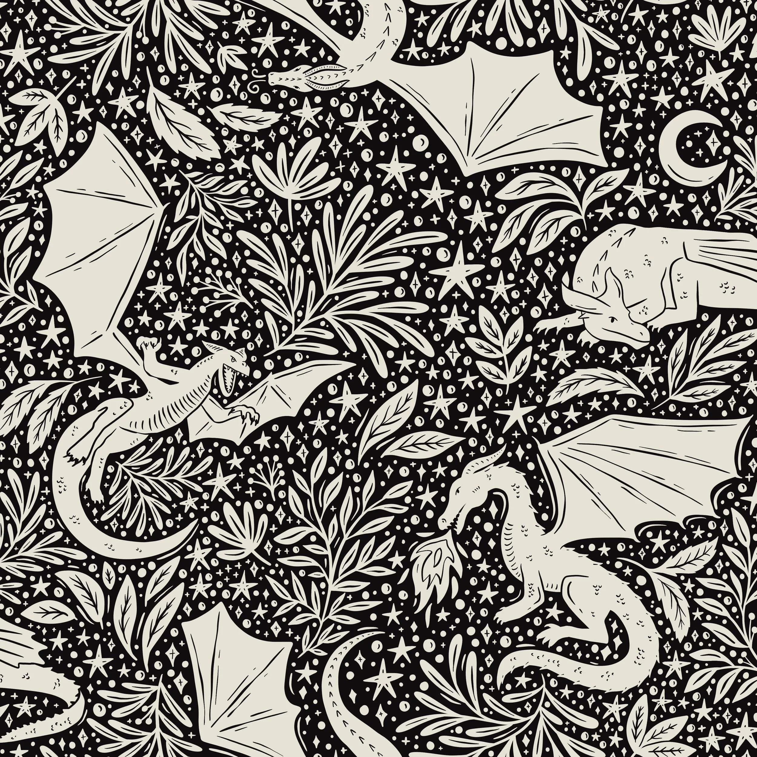 Black and white pattern with dragons, leaves, and stars.