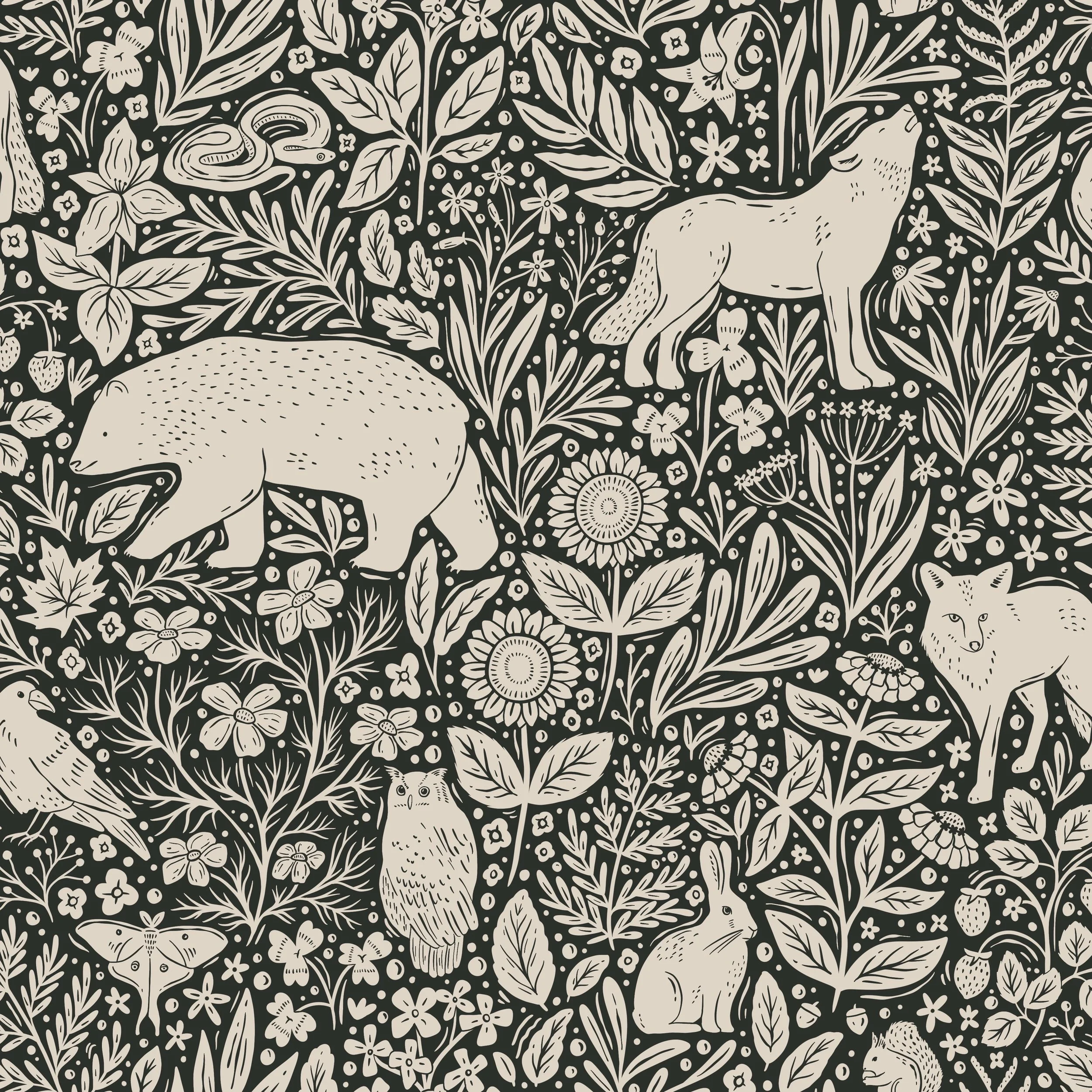Pattern featuring bears, wolves, an owl, a rabbit, a bird, a butterfly, and various flowers and leaves on a black background.