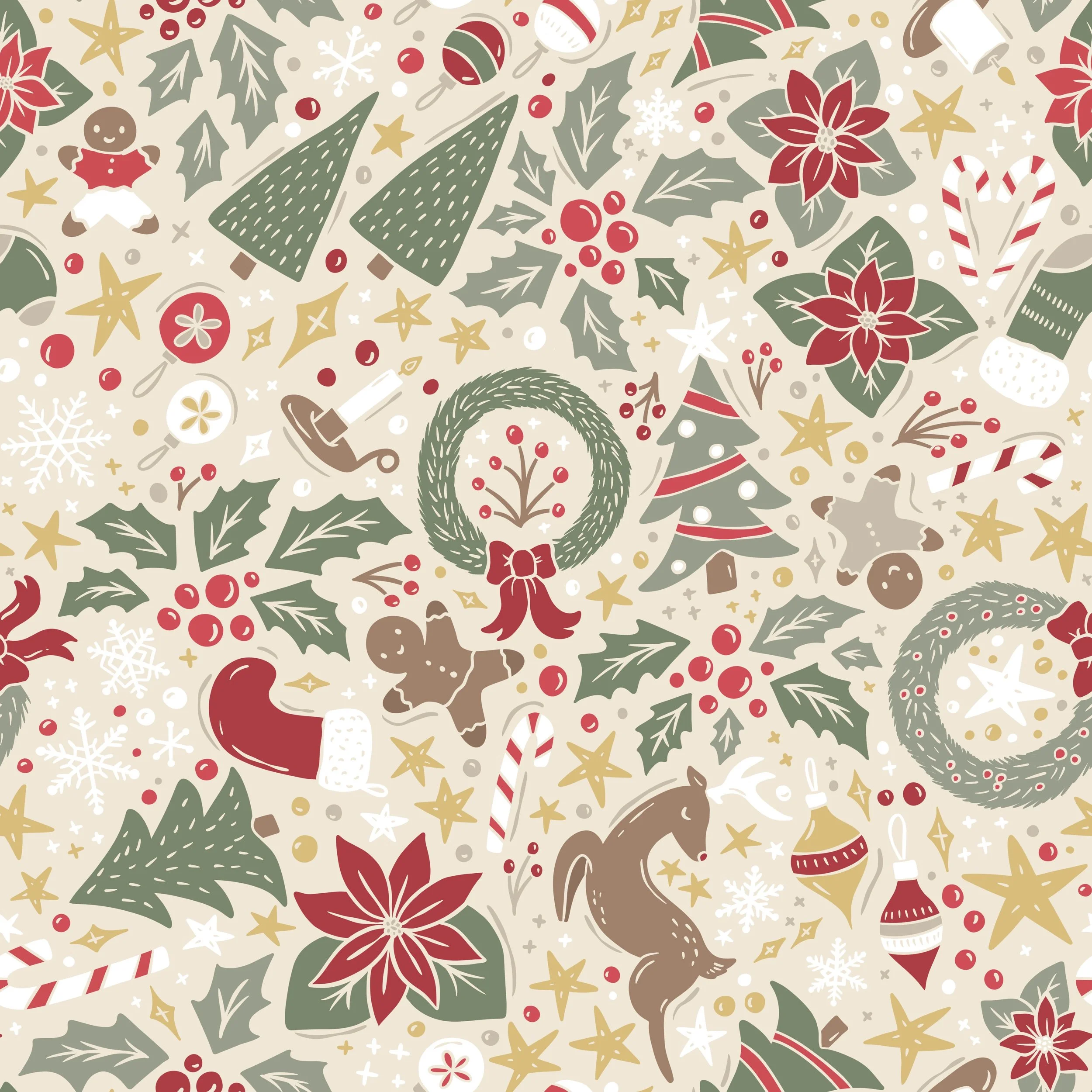 A seamless Christmas-themed pattern featuring holiday icons such as poinsettia flowers, Christmas trees, wreaths, holly berries, gingerbread cookies, candy canes, Santa's hat, reindeer, snowflakes, stars, ornaments, and Christmas stockings.
