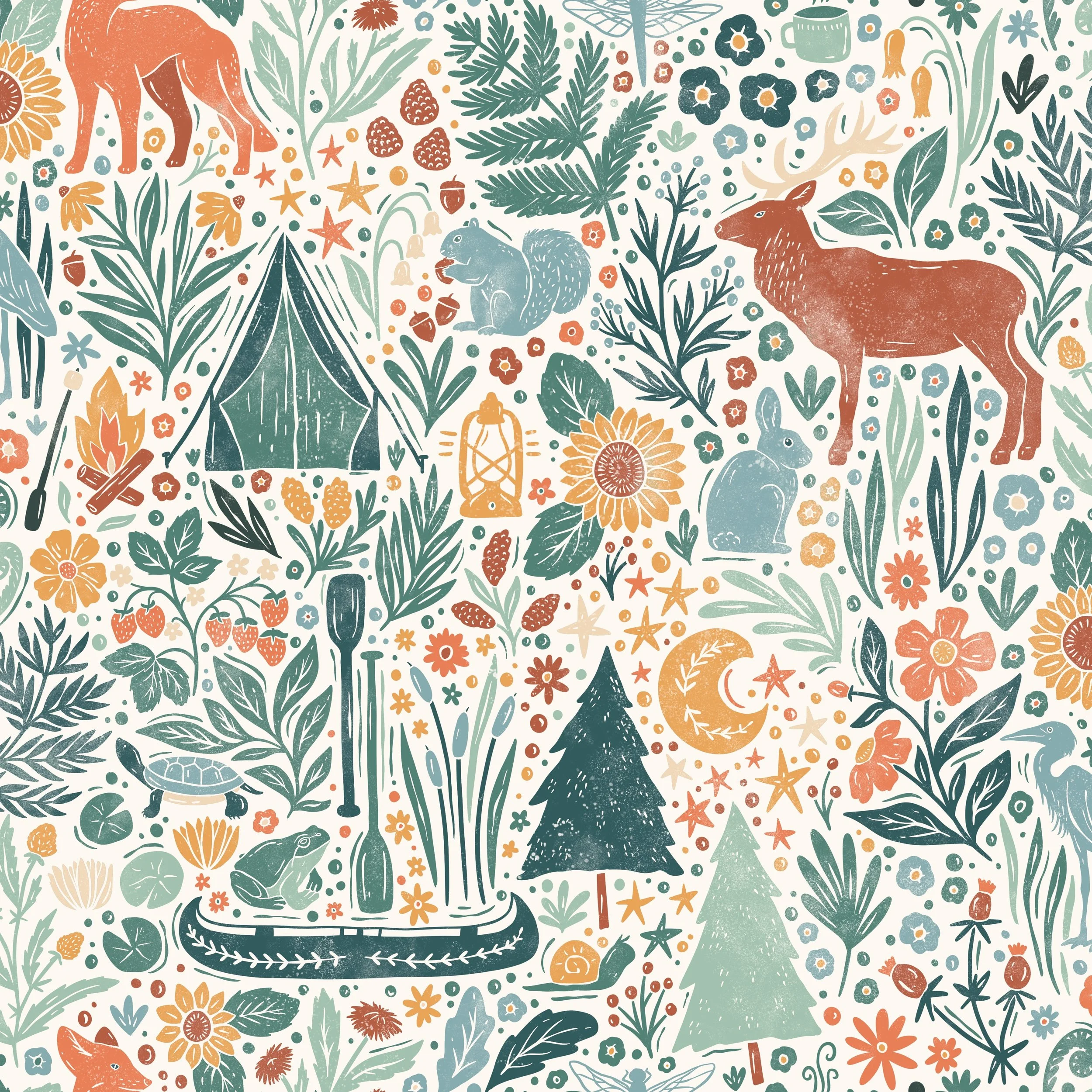 A detailed, whimsical pattern featuring various woodland and camping elements including animals like foxes, rabbits, deer, and squirrels, as well as trees, flowers, a tent, lantern, kayak, and camping gear, set against a soft pastel background.