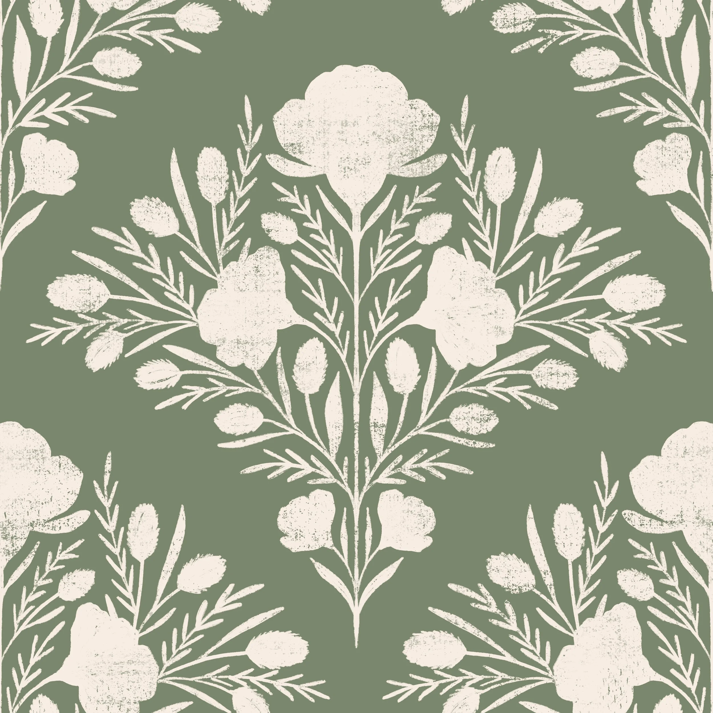 A floral pattern with white flowers and leaves on a muted green background.