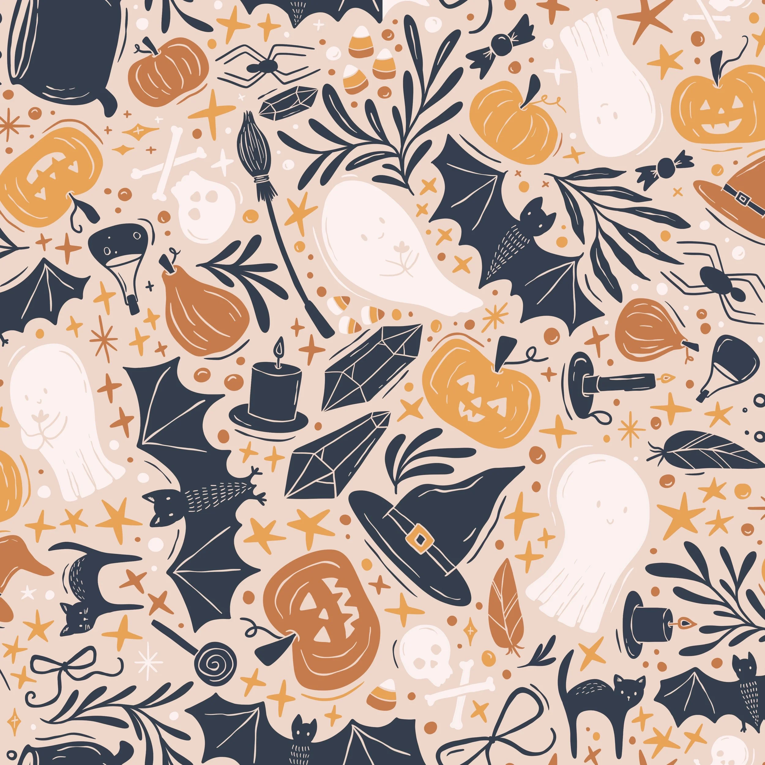 Pattern of Halloween-themed illustrations including pumpkins, bats, ghosts, spiders, skeletons, a witch's hat, candles, skeleton hands, candies, leaves, and stars, all in orange, black, and white on a beige background.