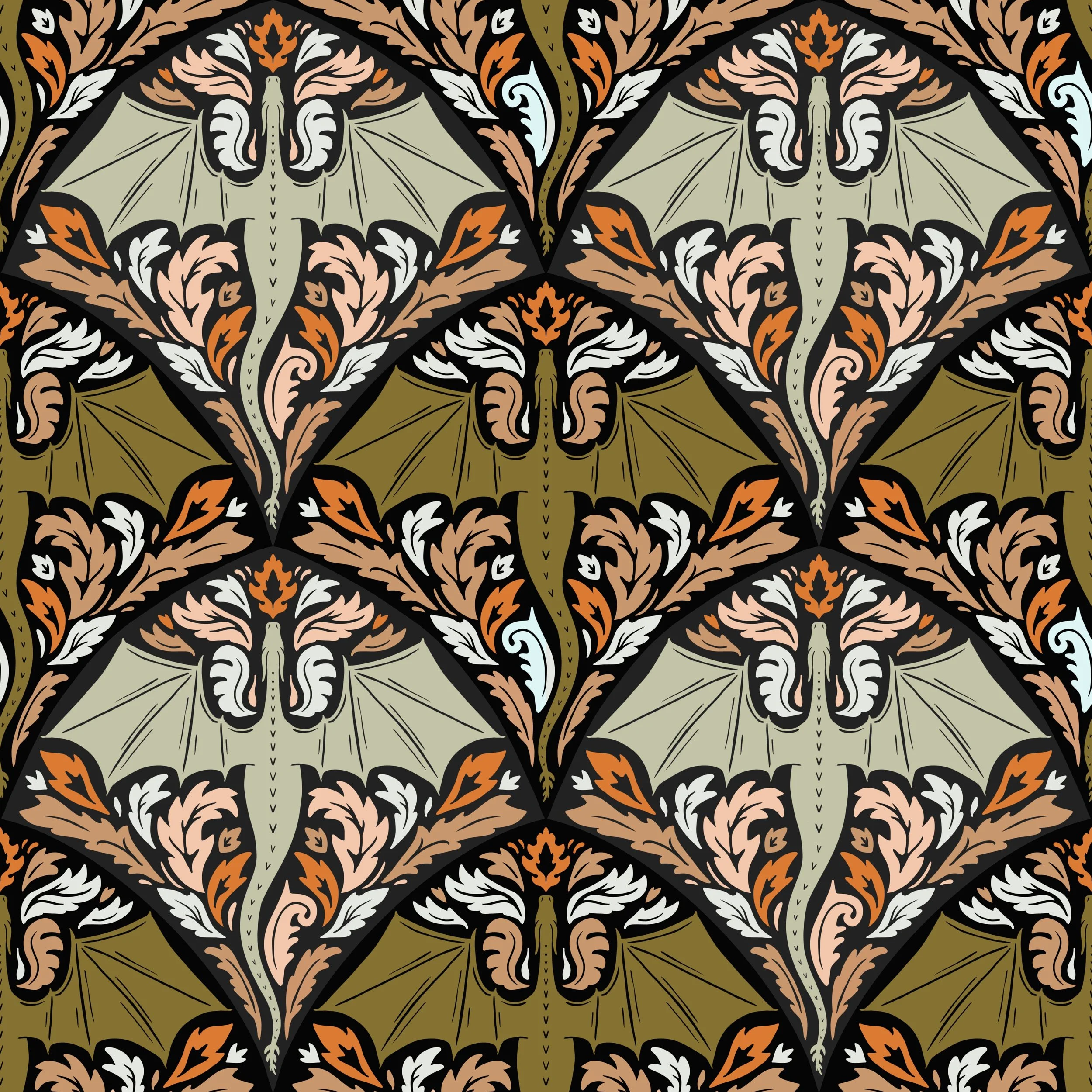A detailed, dark-colored pattern featuring stylized bats with outstretched wings, surrounded by ornate, leaf-like designs in shades of pink, orange, white, black, olive green, and beige.