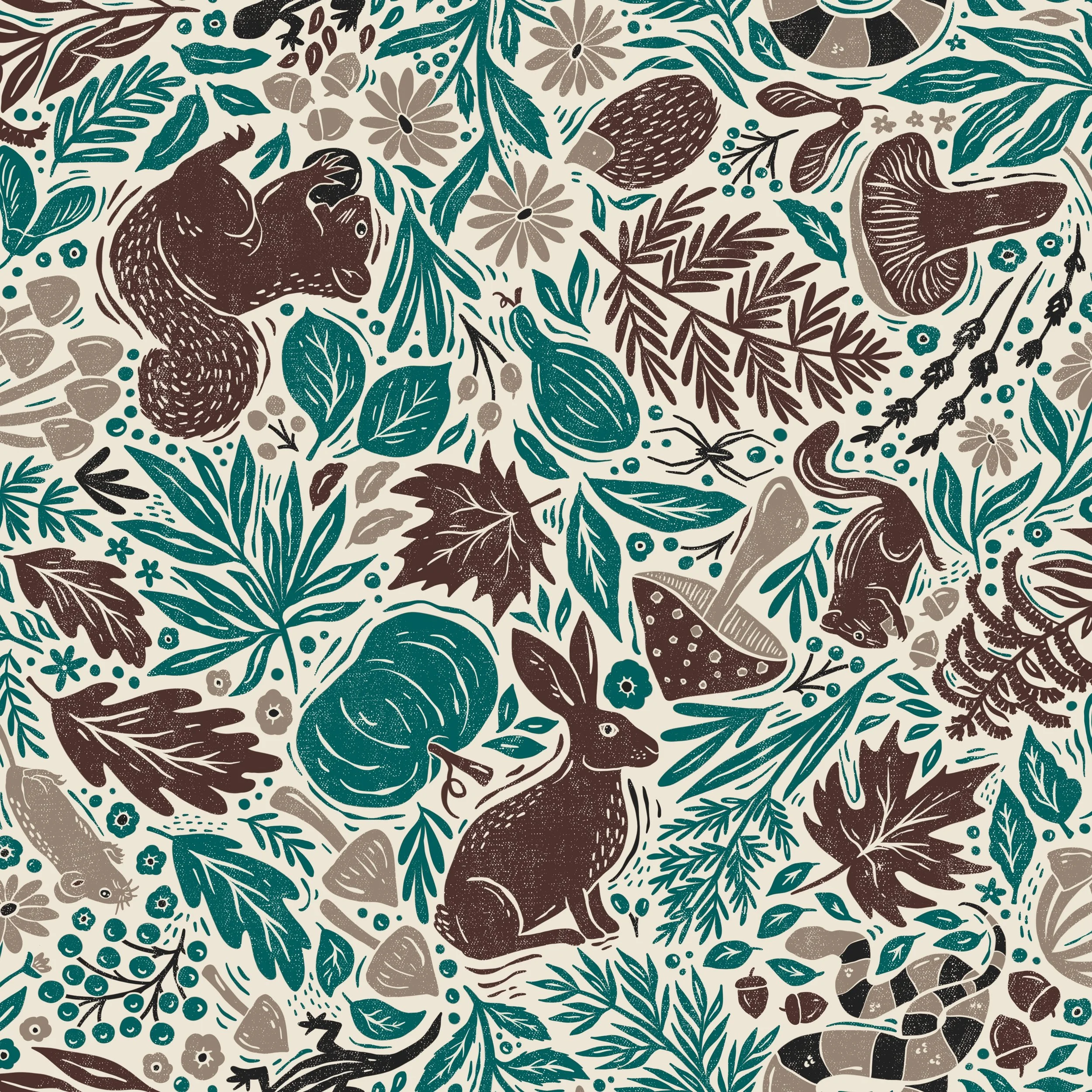 Pattern featuring woodland animals, mushrooms, and various leaves and berries in shades of teal, brown, and gray.