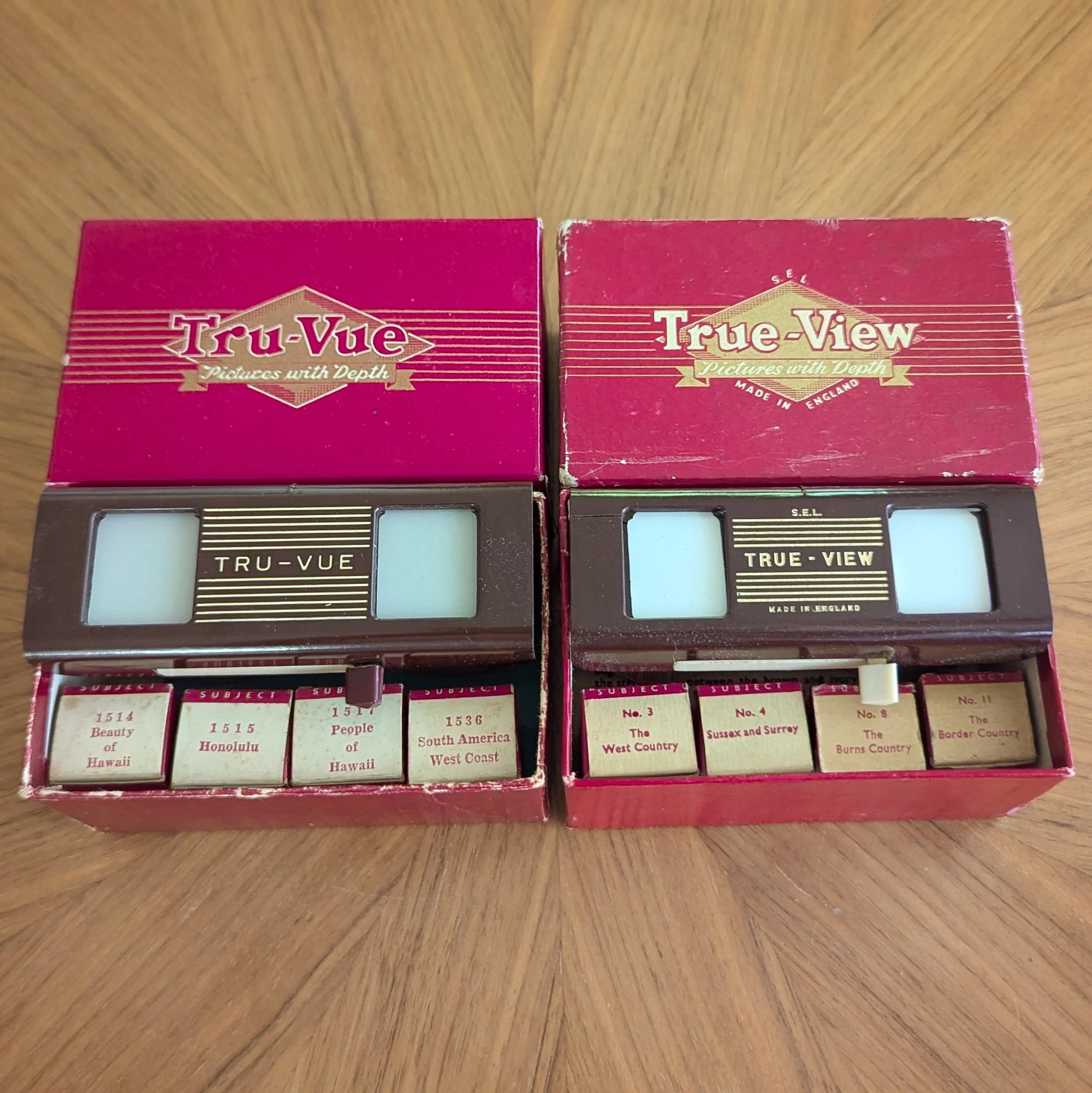 The nearly identical American Tru-Vue and English True-View. From our collection.