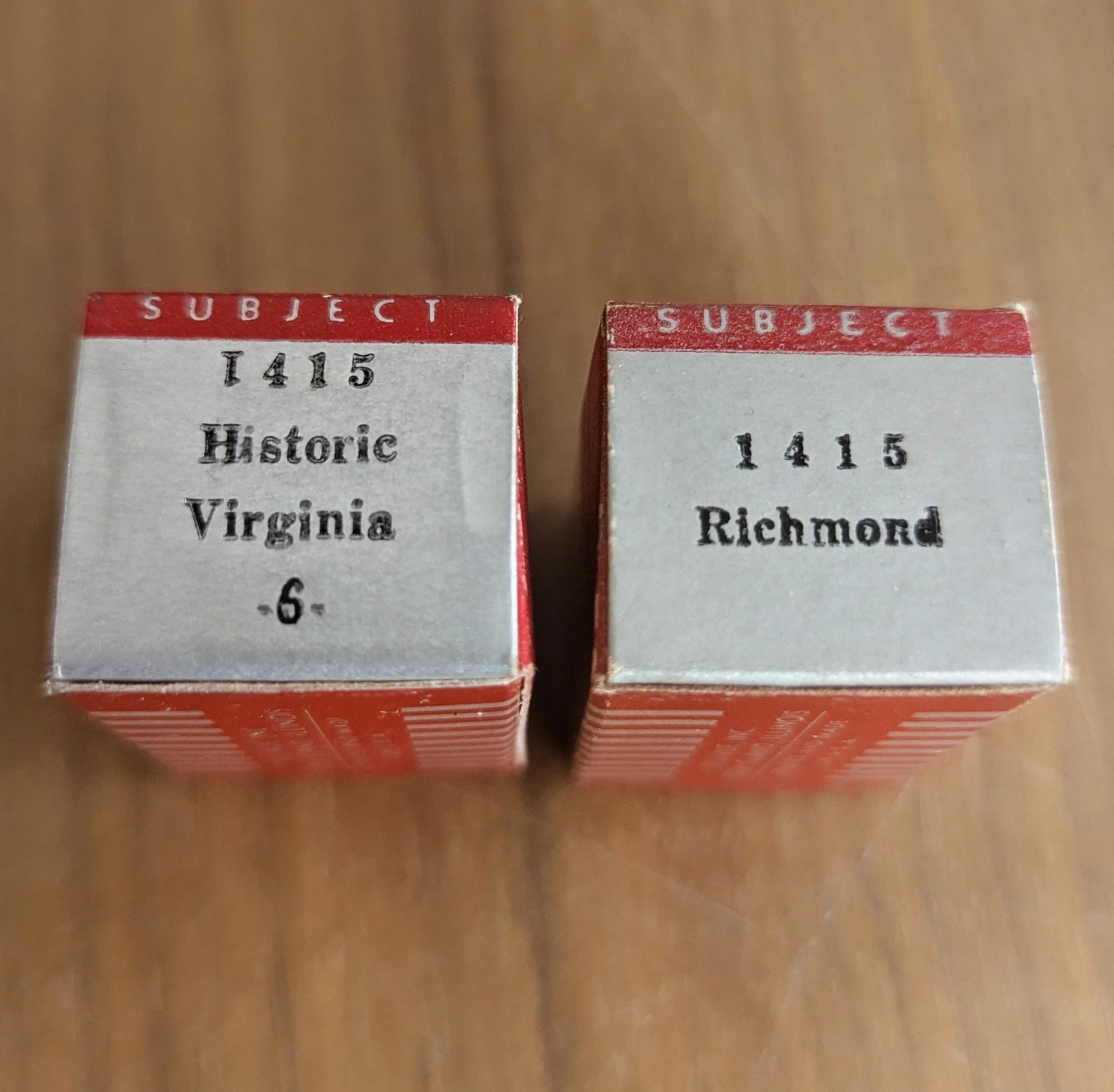 The box titles for the six Historic Virginia (Numbers 1410 - 1415) were changed to reflect the title on the filmstrip which was more specific. Also note the upside down "1" on the first box!