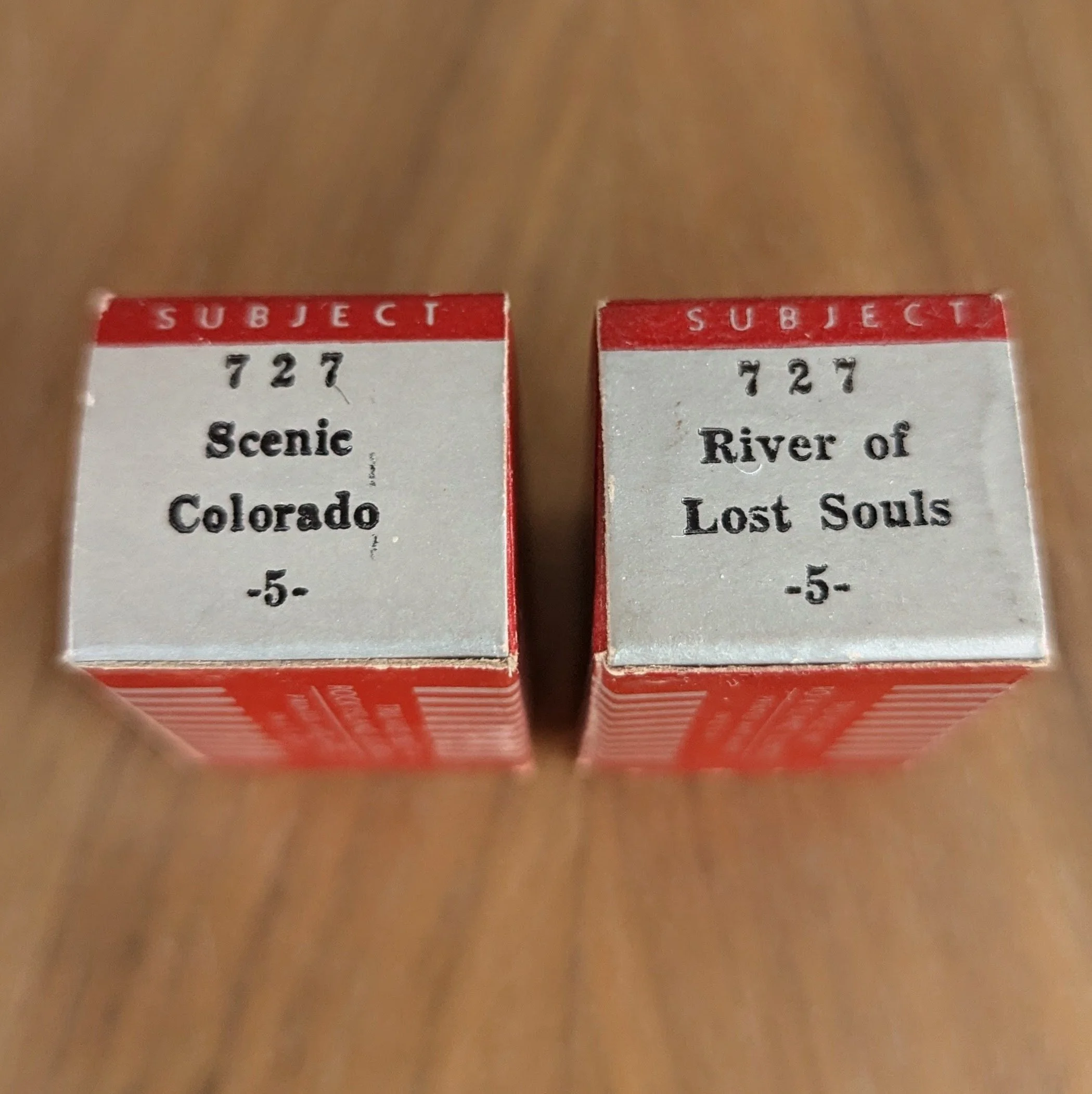 The box titles for the five Scenic Colorado (Numbers 723 - 727) were changed to reflect the title on the filmstrip which was more specific.