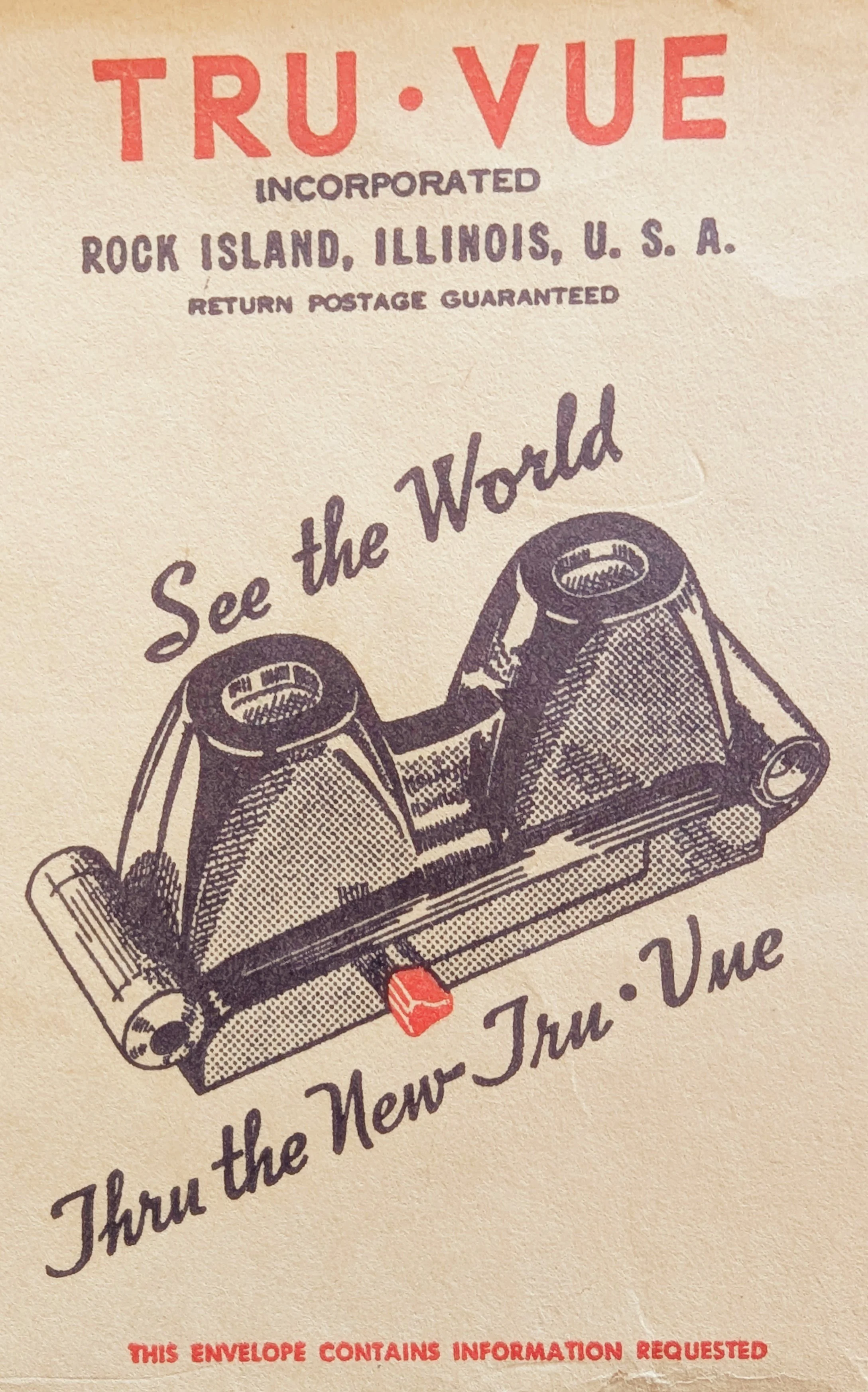 Ad for the new streamlined Tru-Vue, printed on a Tru-Vue envelope in our collection.