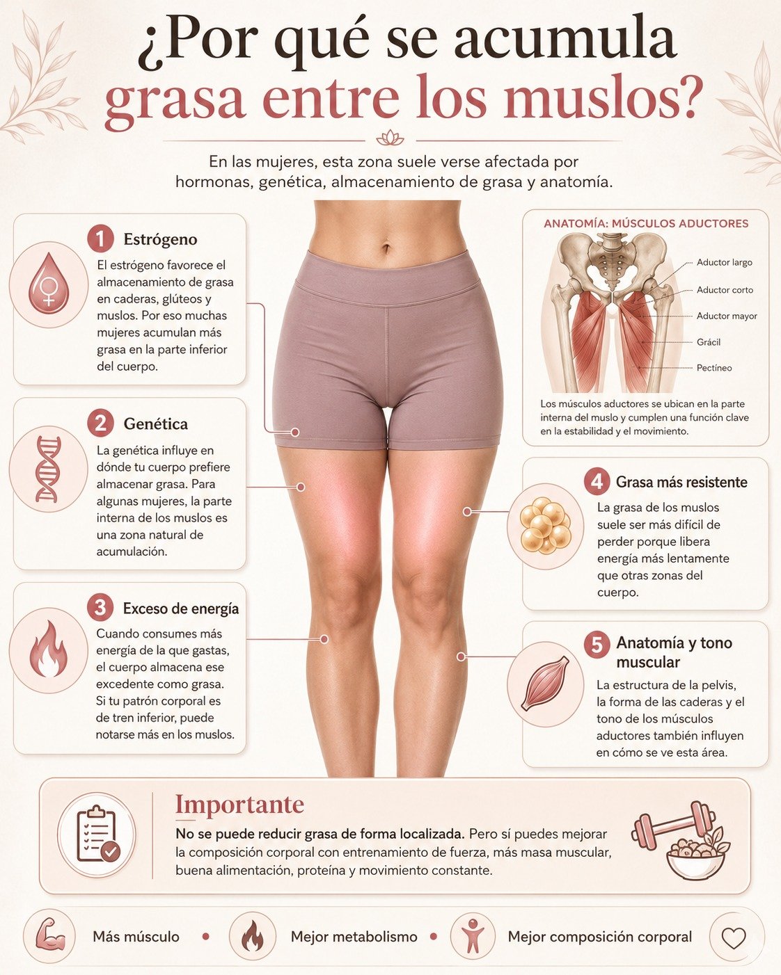 &iquest;Grasa o flacidez en entre-muslos?

La parte interna de los muslos es una de las zonas donde muchas mujeres tienden a acumular grasa localizada, retenci&oacute;n o p&eacute;rdida de firmeza. Esto puede deberse a hormonas, gen&eacute;tica, camb