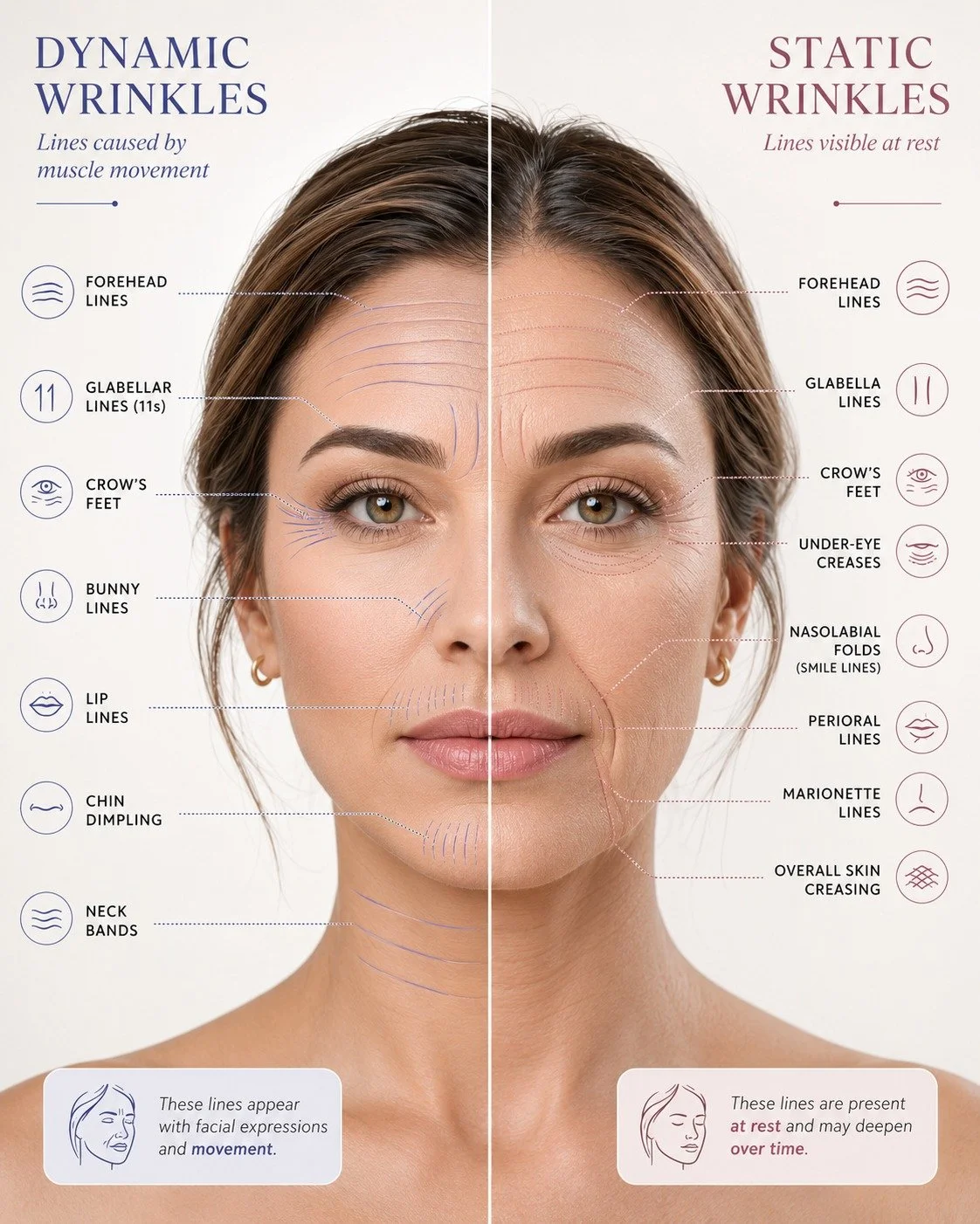 Static vs. Dynamic Wrinkles &mdash; what&rsquo;s the difference?

Dynamic wrinkles appear when your facial muscles move &mdash; like when you smile, frown, squint, or raise your brows. These are the lines we often treat with neuromodulators to help s