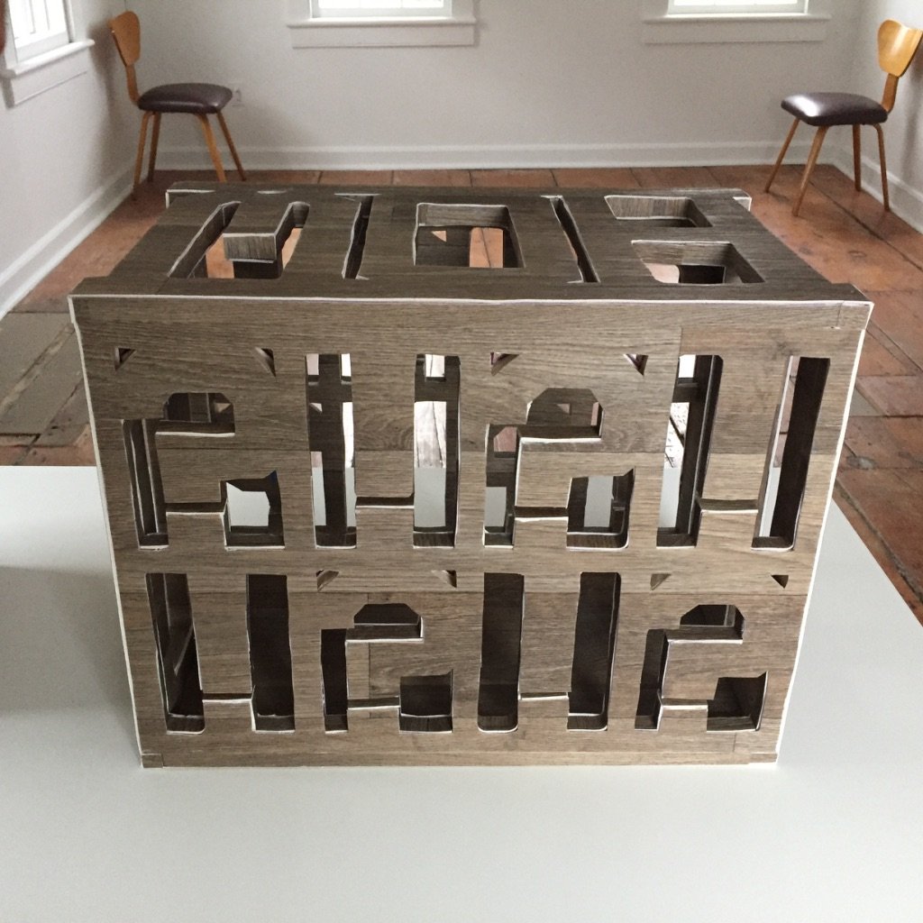 "HOW?!?!". 2016. Participatory objects. Plywood, hand-made cotton handkerchiefs, paper, pencils, vinyl flooring.